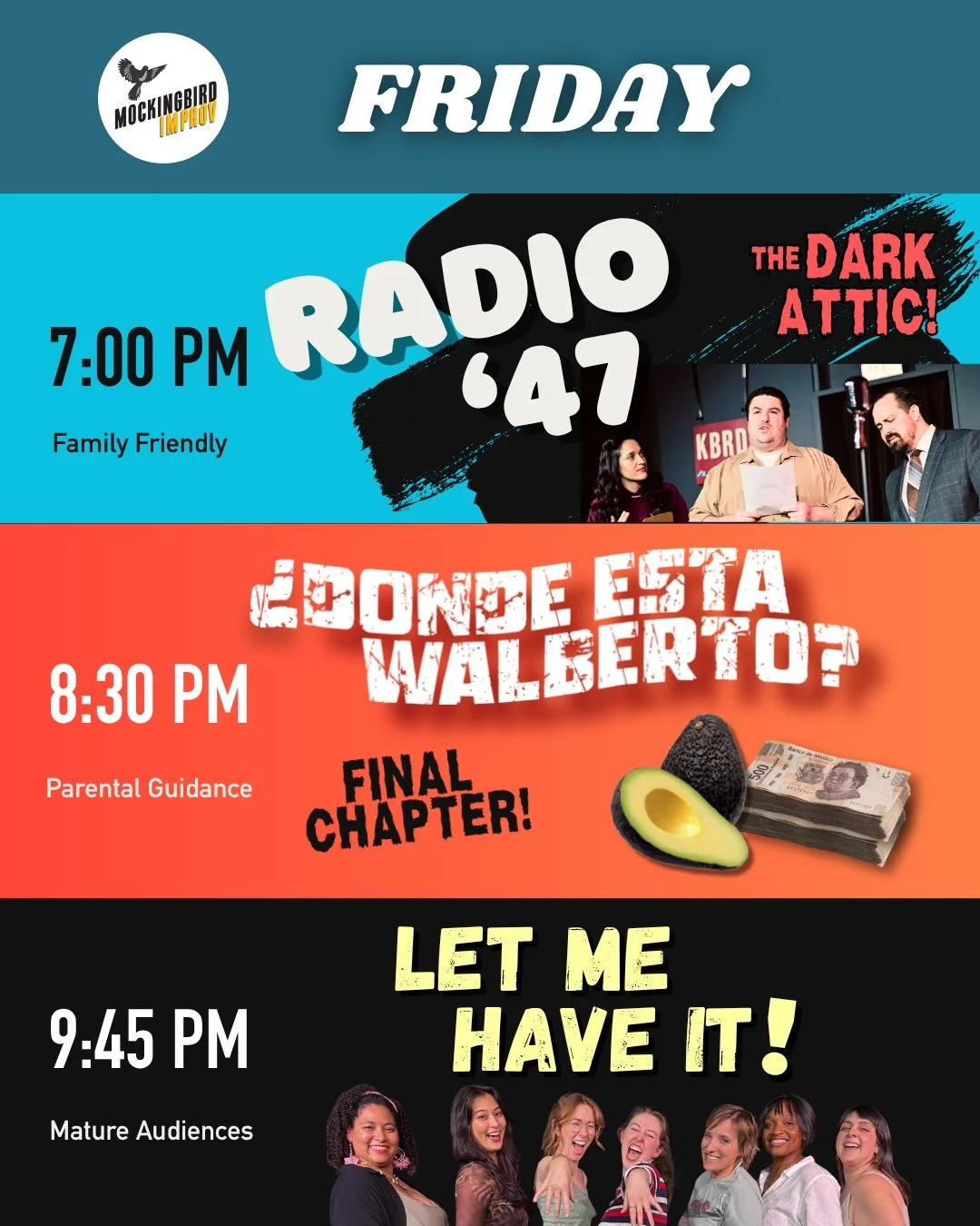 Get the radio heebie-jeebies!
Find out where that dang Walberto is! 
Let these femme-provisers make you bust a gut laughing!

Tickets at link tree 🌳 or https://www.mockingbirdimprov.org/tickets
#Fridayfun #Fridaynightsandiego #artsdistrictlibertysta