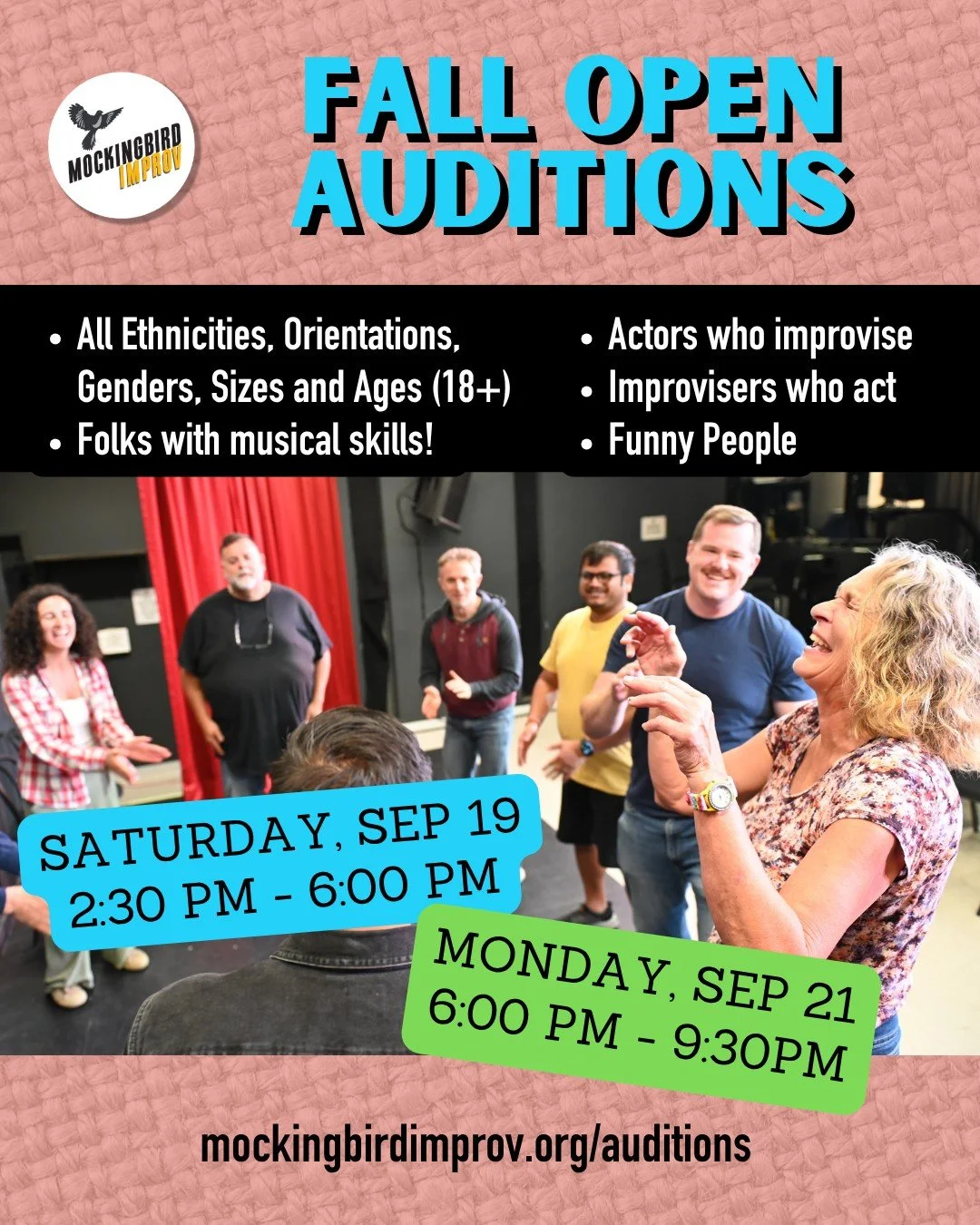 Twice a year we open our doors and invite the community to audition for our shows. We try to make the experience as fun as an improv games workshop! Sign up, come play, be yourself and have fun. Let us know if you can play piano and read music!  Cast