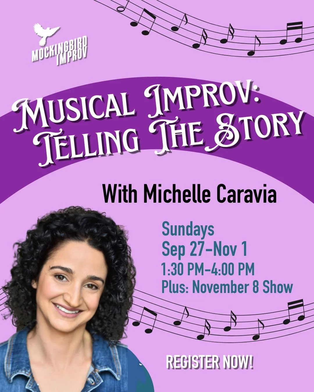 Musical improv is back at Mockingbird Improv...with the wonderful Michelle Caravia (ask students about her fun, Sunday beginners class!) Registration is open NOW for the September through November elective class. Register at https://www.mockingbirdim