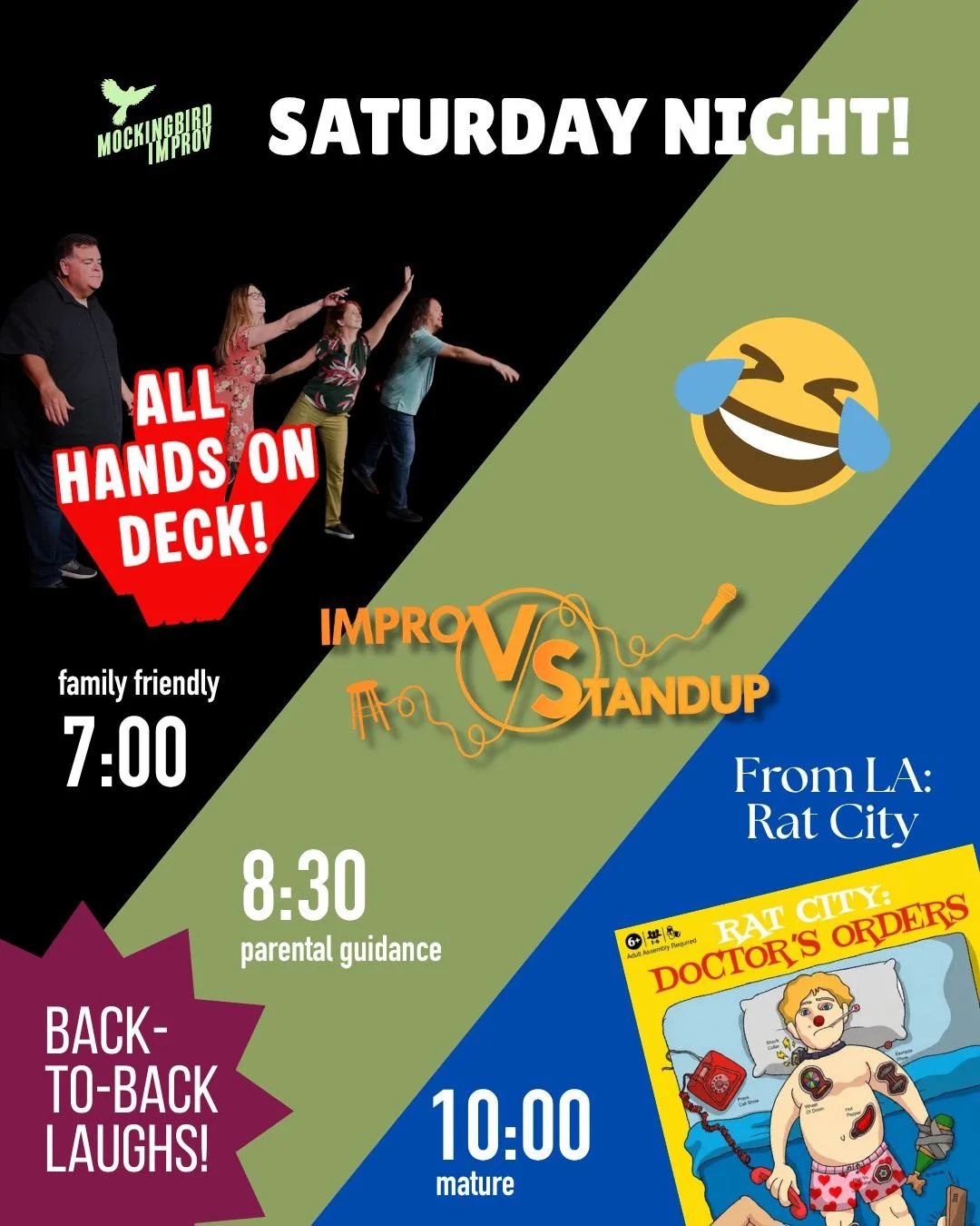 TONIGHT!!! 3 great shows/ a veritable smorgasbord of laughs!
Tix at link tree or mockingbirdimprov.org/tickets
@allhandsondeckimprov @improvvsstandup @ratcityimprov
