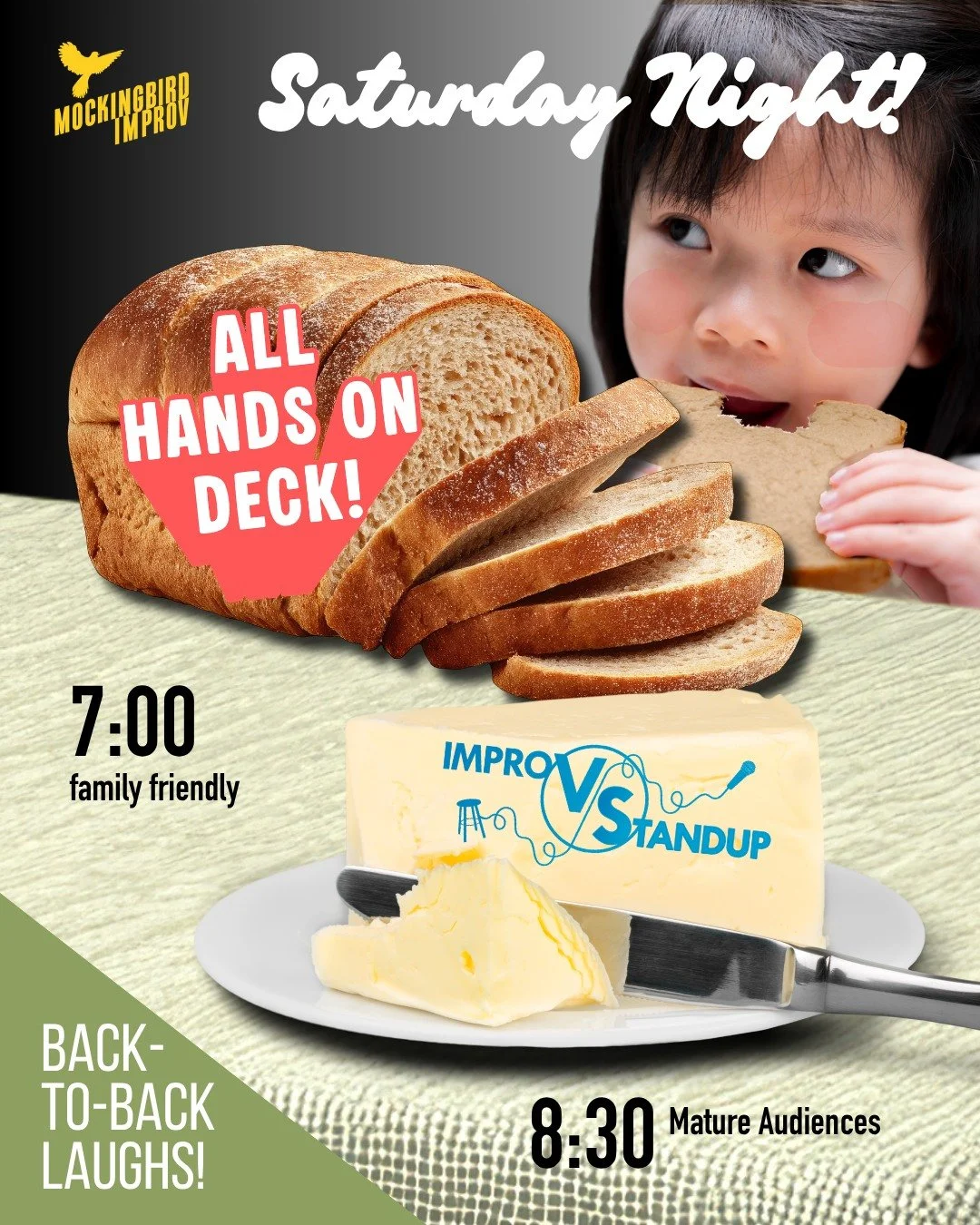 Our bread and butter! 
Tix at link 🌳 or mockingbirdimprov.org/tickets
#sandiegosaturdaynight #affordablefun #familyfriendly #libertystationsandiego #sandiegocomedyscene