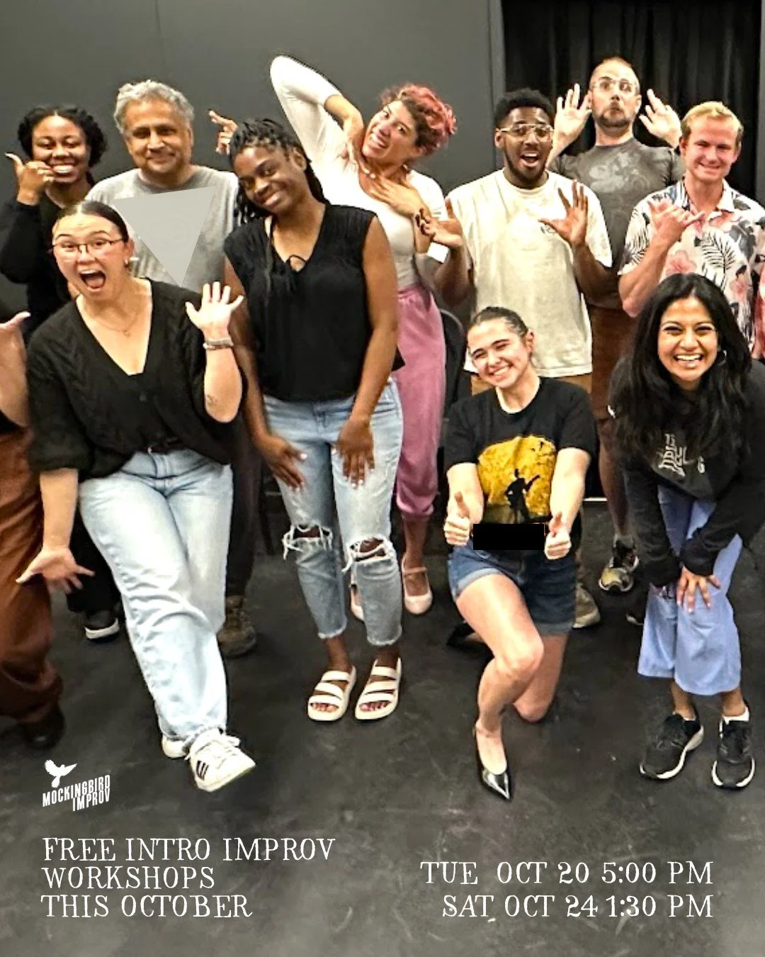 FREE FREE FREE FREE FREE FREE
Start your improv journey with this 100% FUN workshop! 2hrs
Register at link tree or https://www.mockingbirdimprov.org/workshop