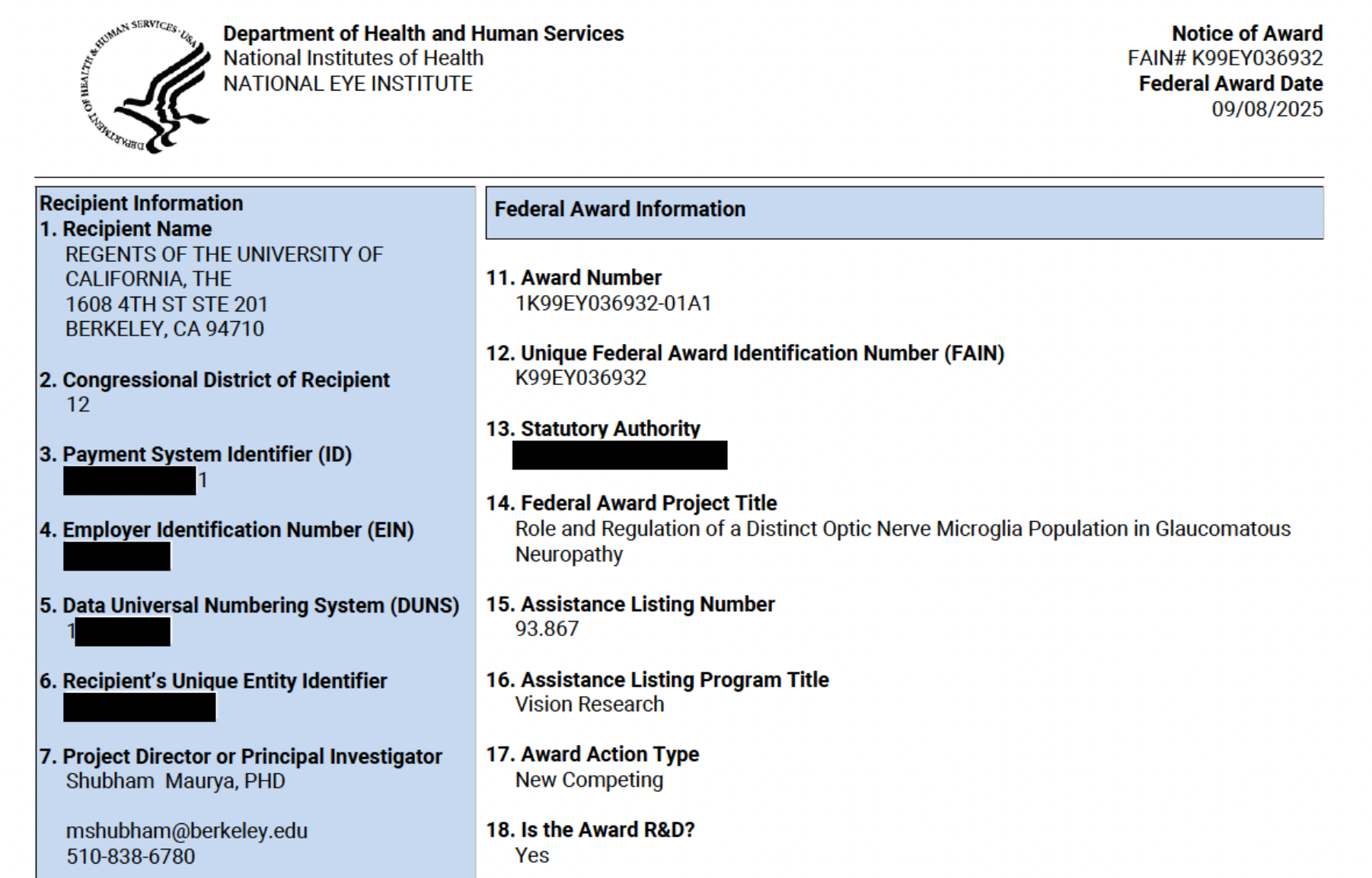 Shubham Wins a K99 Award