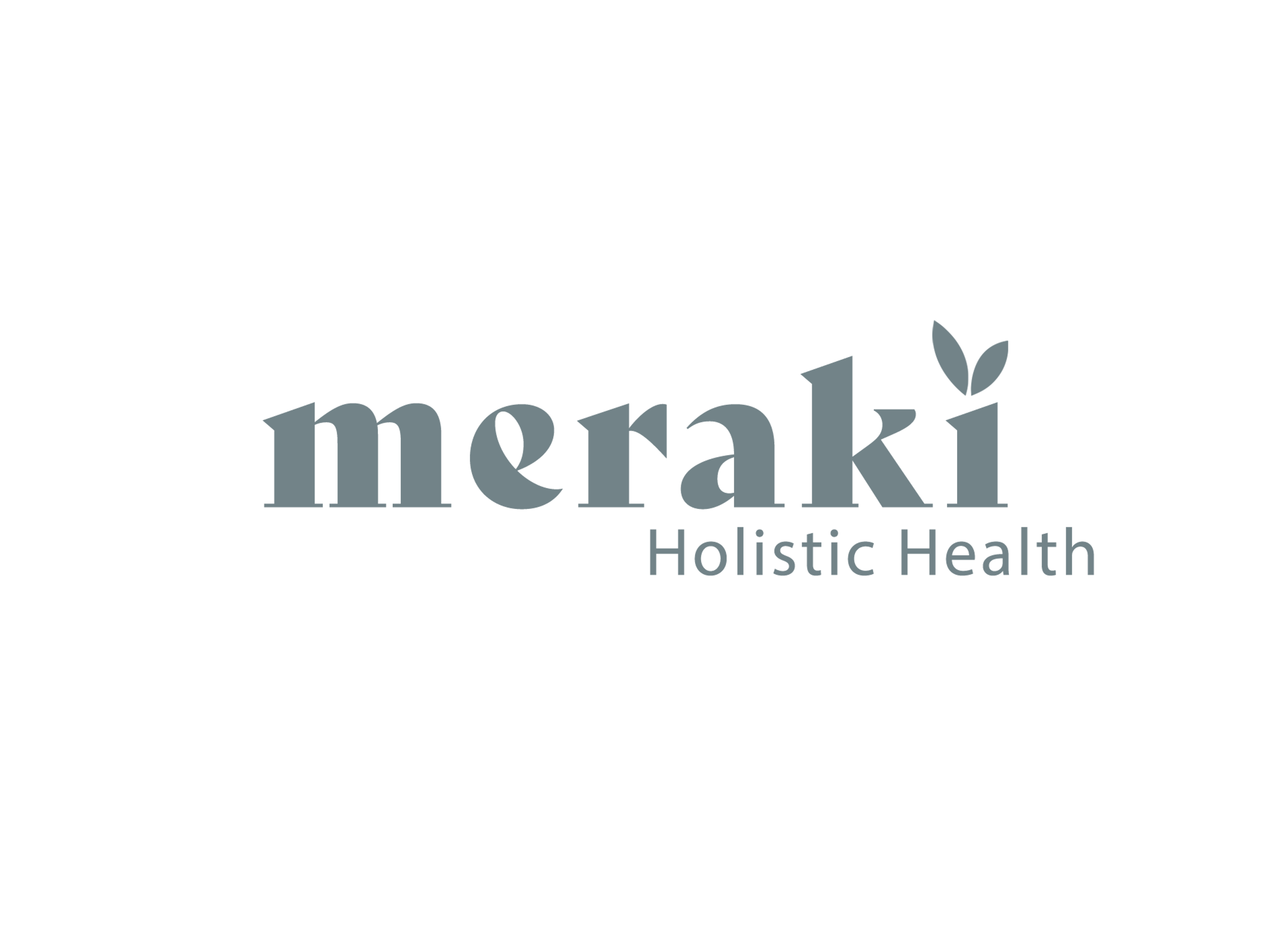 Meraki Holistic Health logo with a leaf graphic on the letter 'i'.