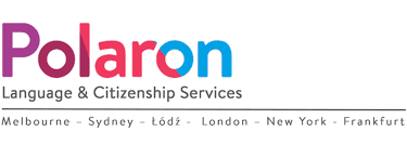 Polaron logo with tagline 'Language & Citizenship Services' and cities listed: Melbourne, Sydney, ΕΓ³dΕΊ, London, New York, Frankfurt.
