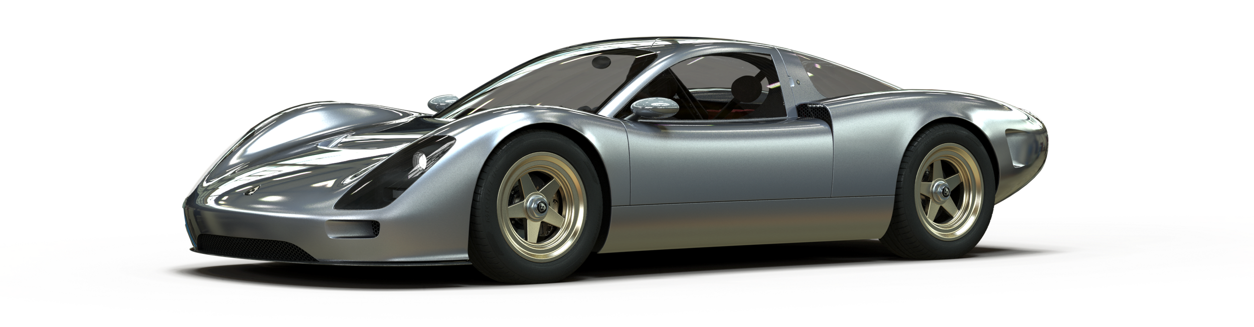 front three quarters angled 3D render of the Shoreline LM Coupe sports car in silver with gold colored wheels