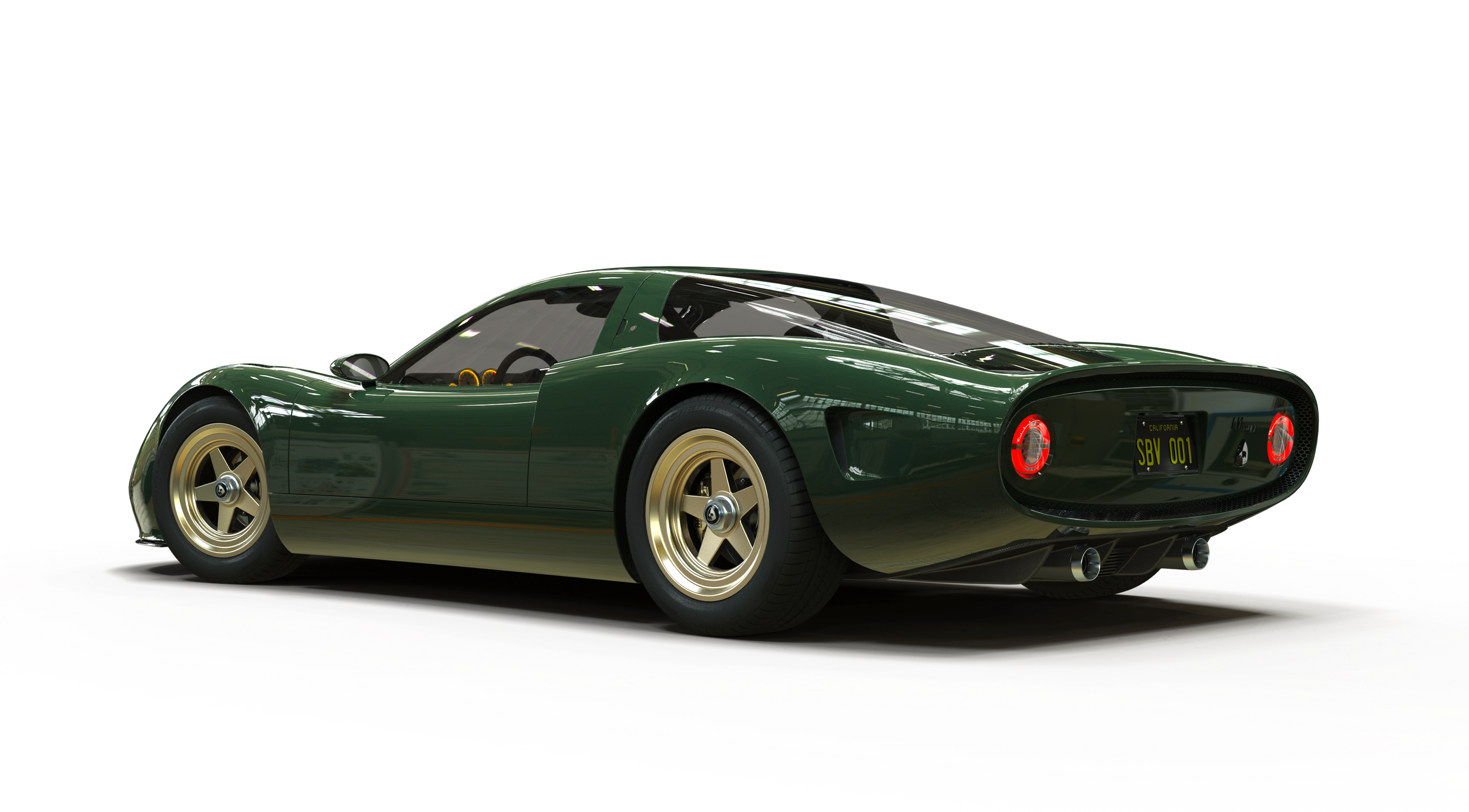 Rear three quarters 3D Render of the Shoreline LM Coupe in dark green with gold wheels