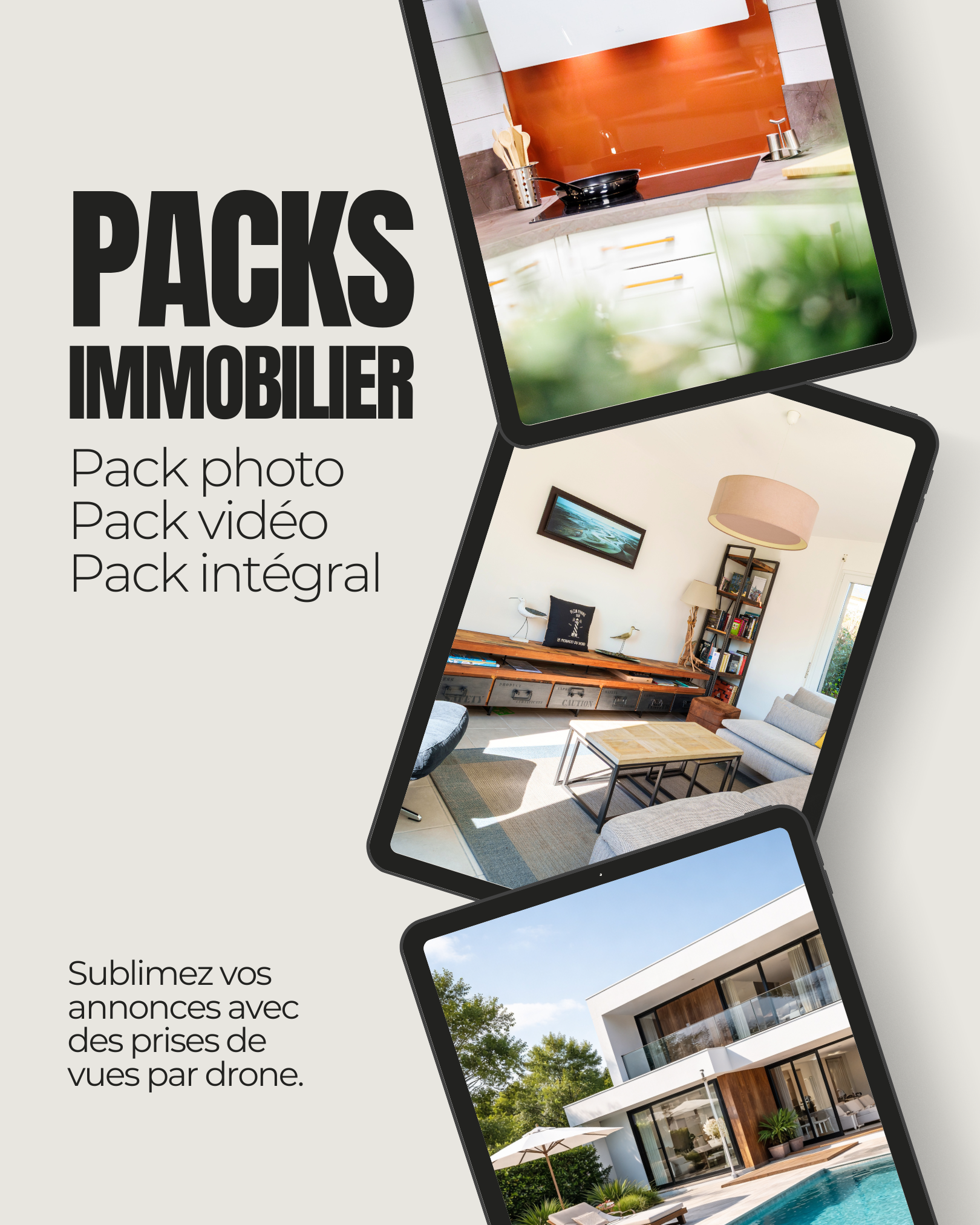 Affiche publicitaire pour des packs immobiliers avec des images de maisons et intérieurs modernes.