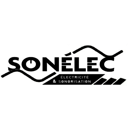 Logo de Sonélec Électricité & Sonorisation avec des lignes ondulées et un motif de bandes parallèles.