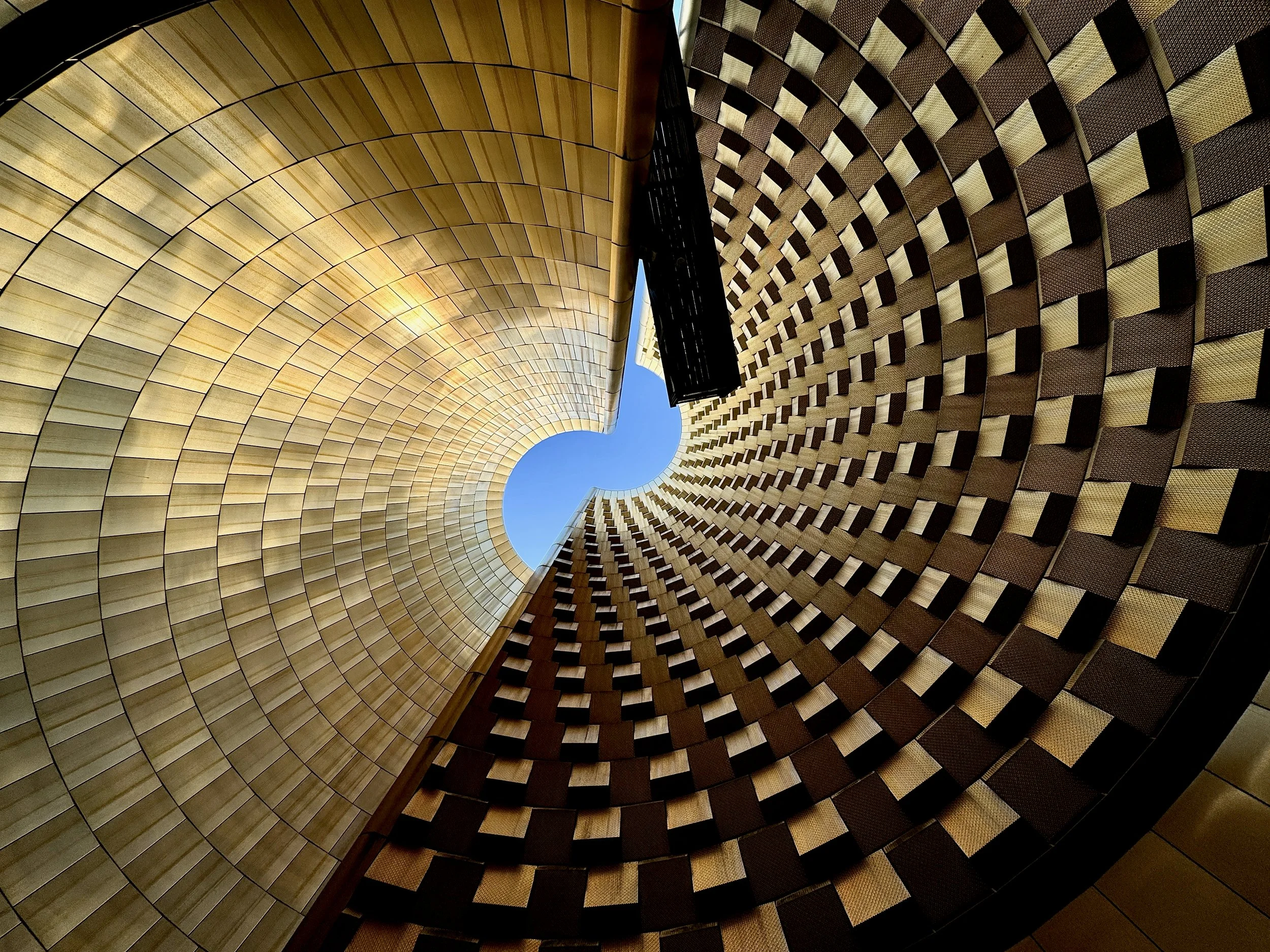 Vue vers le haut d'un bâtiment avec une structure de mur ondulante en bois, formant un vide en son centre avec un ciel bleu visible.