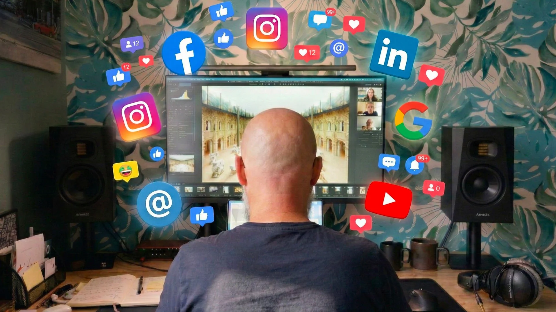 Un homme assis devant un ordinateur avec un grand écran, entouré d'icônes flottantes de réseaux sociaux comme Facebook, Instagram, LinkedIn, YouTube, Google, ainsi que des notifications et des réactions, dans une pièce avec un mur à motifs de feuilles.