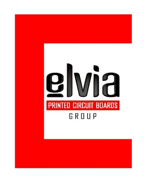 Logo de la société Elvia Group spécialisé dans les circuits imprimés, avec un design en rouge, noir et blanc.