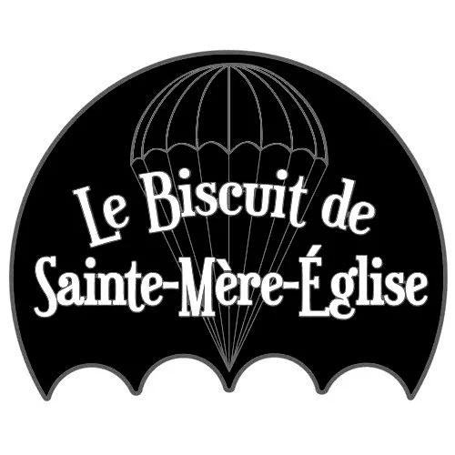 Logo noir avec un parachute stylisé et le texte 'Le Biscuit de Sainte-Mère-Église'
