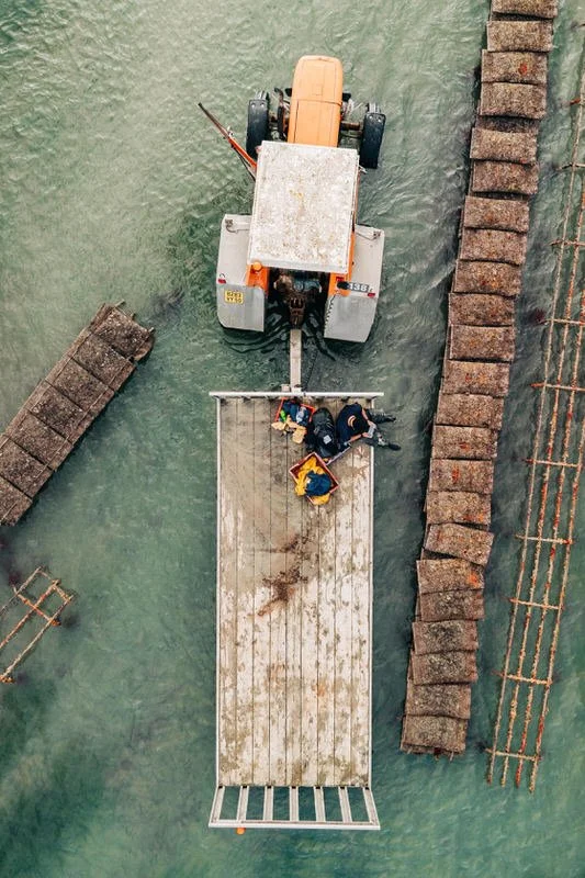 Vue aérienne d'une pelle mécanique sur un pont en bois au-dessus de l'eau, avec deux personnes debout sur le pont et des structures en pierre ou en bois de chaque côté.