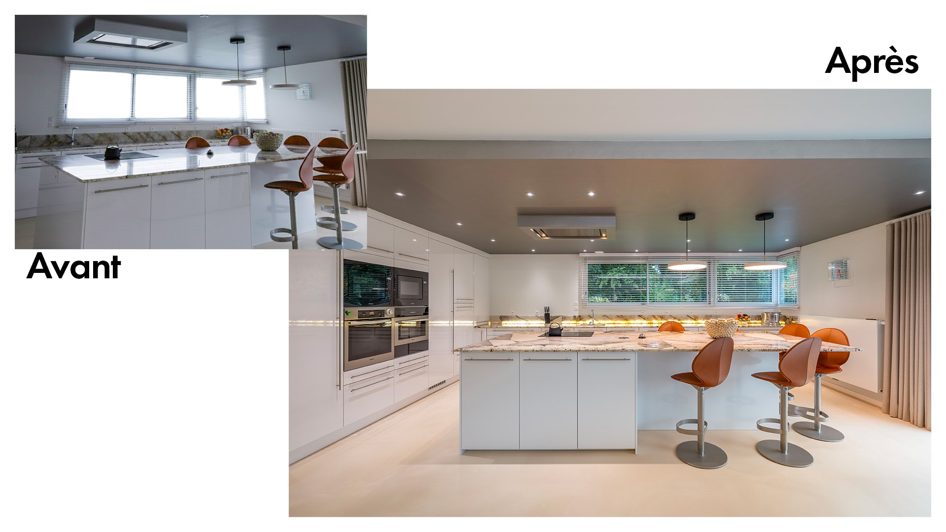 Après, cuisine moderne avec îlot central en marbre, armoires blanches, chaises orange, grande fenêtre avec volets, éclairage encastré au plafond, et rideaux beige.