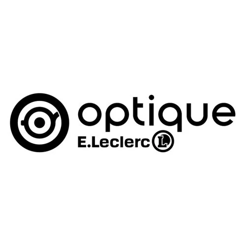 Logo d'Optique E. Leclerc avec un symbole circulaire optique et le nom de l'entreprise en dessous.