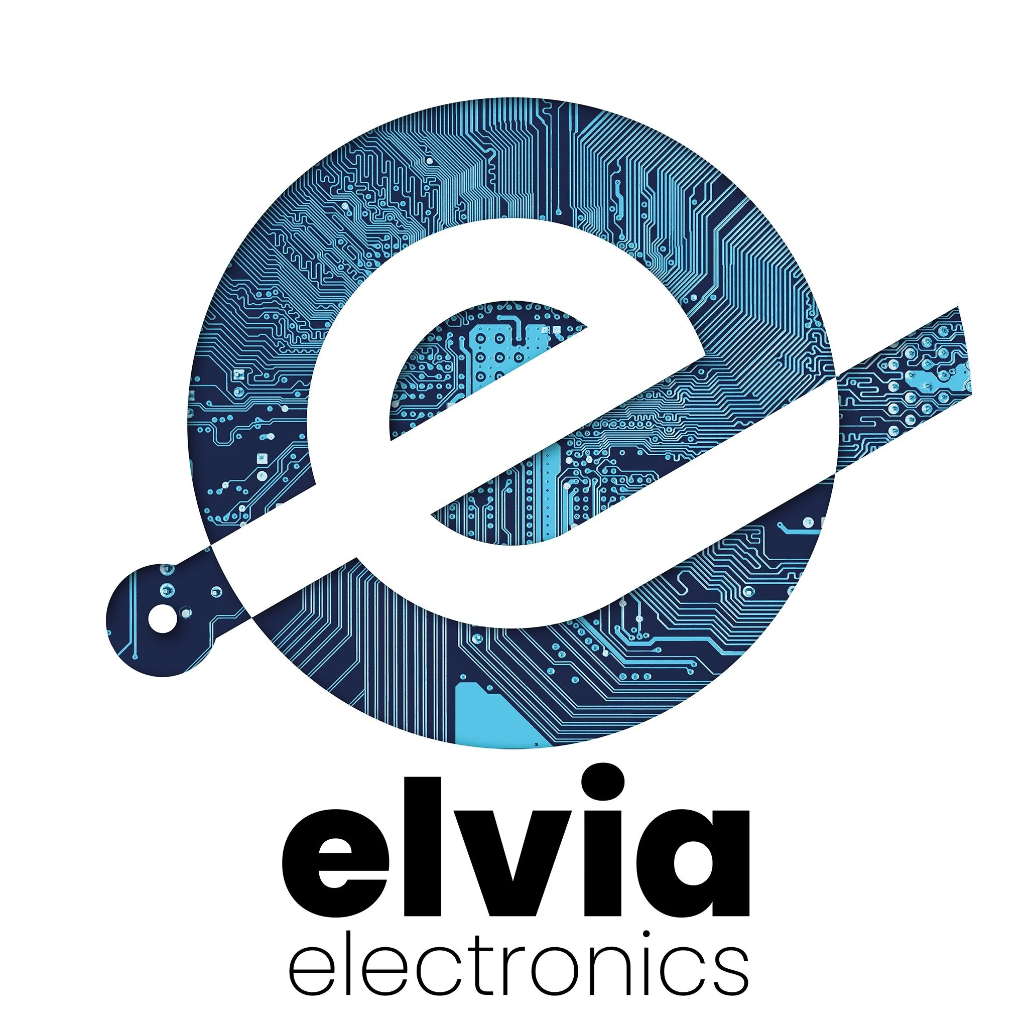Logo d'Elvia Electronics avec une icône en forme de circuit imprimé stylisé qui ressemble à une loupe, et le texte 'elvia electronics' en dessous.