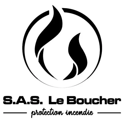 Logo en noir et blanc représentant une flamme dans un cercle, avec le texte "S.A.S. Le Boucher" et "protection incendie" en dessous.