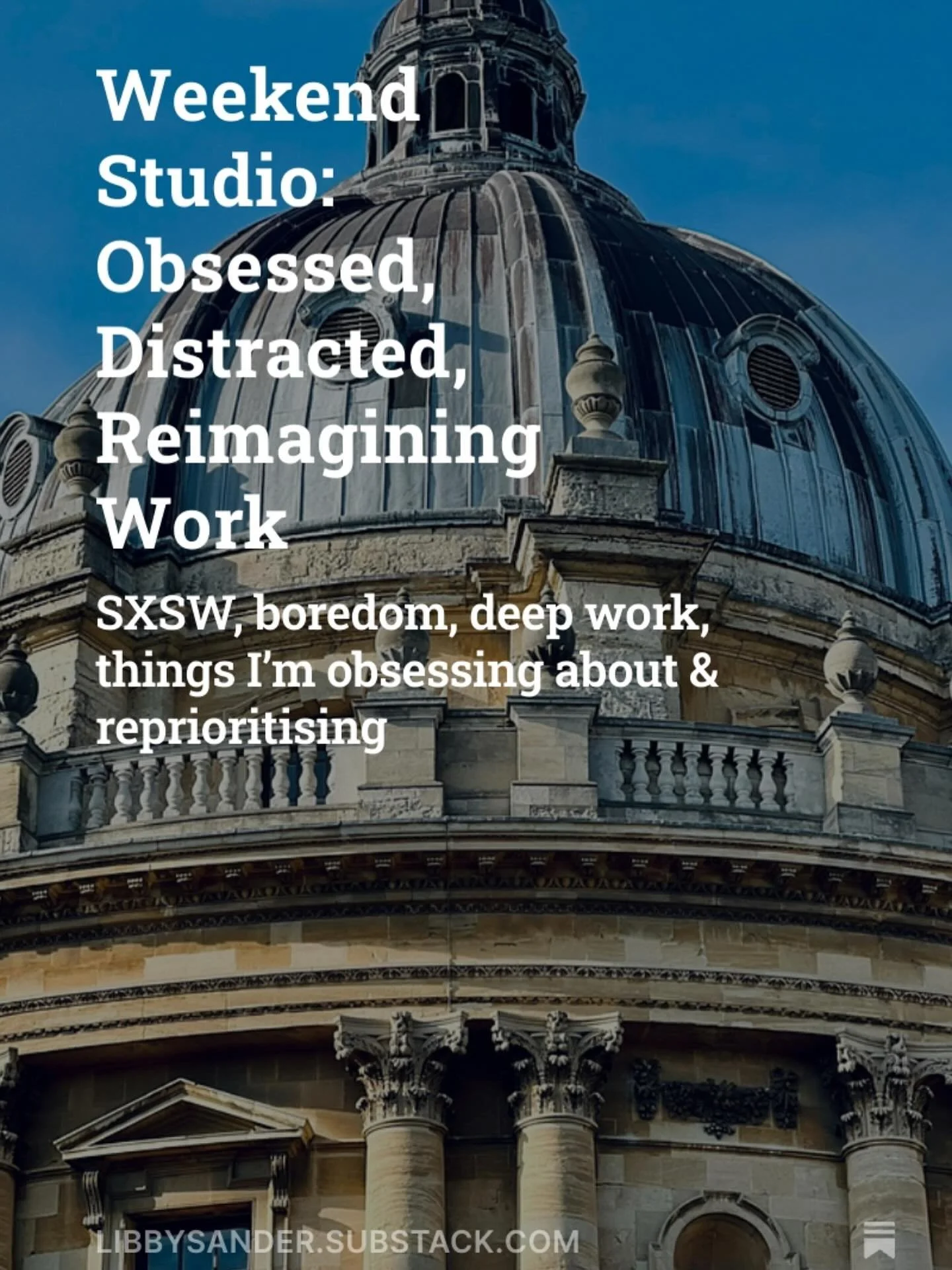 Weekend Studio is back on my Substack. Obsessed. Distracted. Reimagining Work.

New research, things I&rsquo;m buying and reading, deep work, boredom, vacations, psychopaths in management and more.

Happy reading. Link in bio.