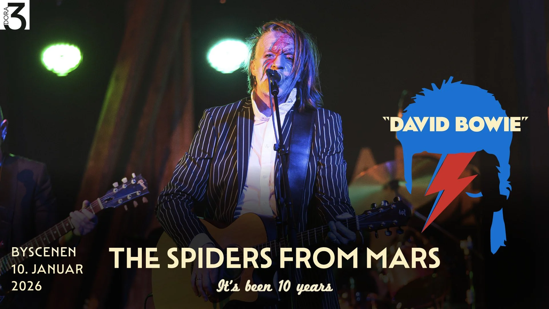 A musician with face paint reminiscent of David Bowie performs with a guitar. The poster says "David Bowie" and "The Spiders from Mars." It is an event at Byscenen on January 10, 2026. The phrase "It's been 10 years" is also visible.