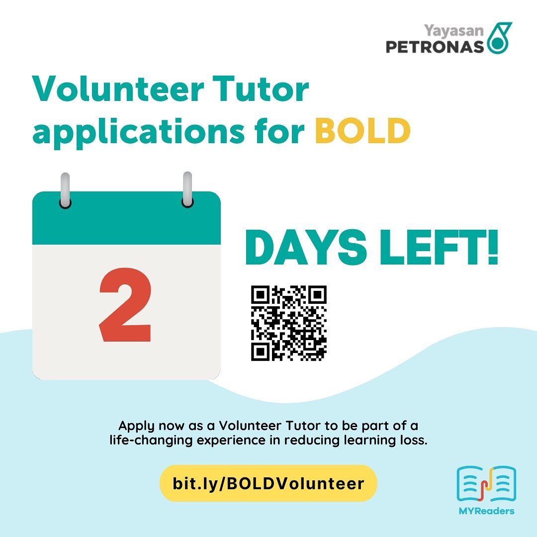 2 more days until our BOLD applications for Volunteer Tutors closed!

Hurry up and sign up now at bit.ly/BOLDVolunteer ! 
&mdash;
#MYReaders #EmpoweringEducation #EnglishLiteracy #LiteracyHub #Volunteer #VolunteerOpportunity #VolunteerRecruitment #Fo