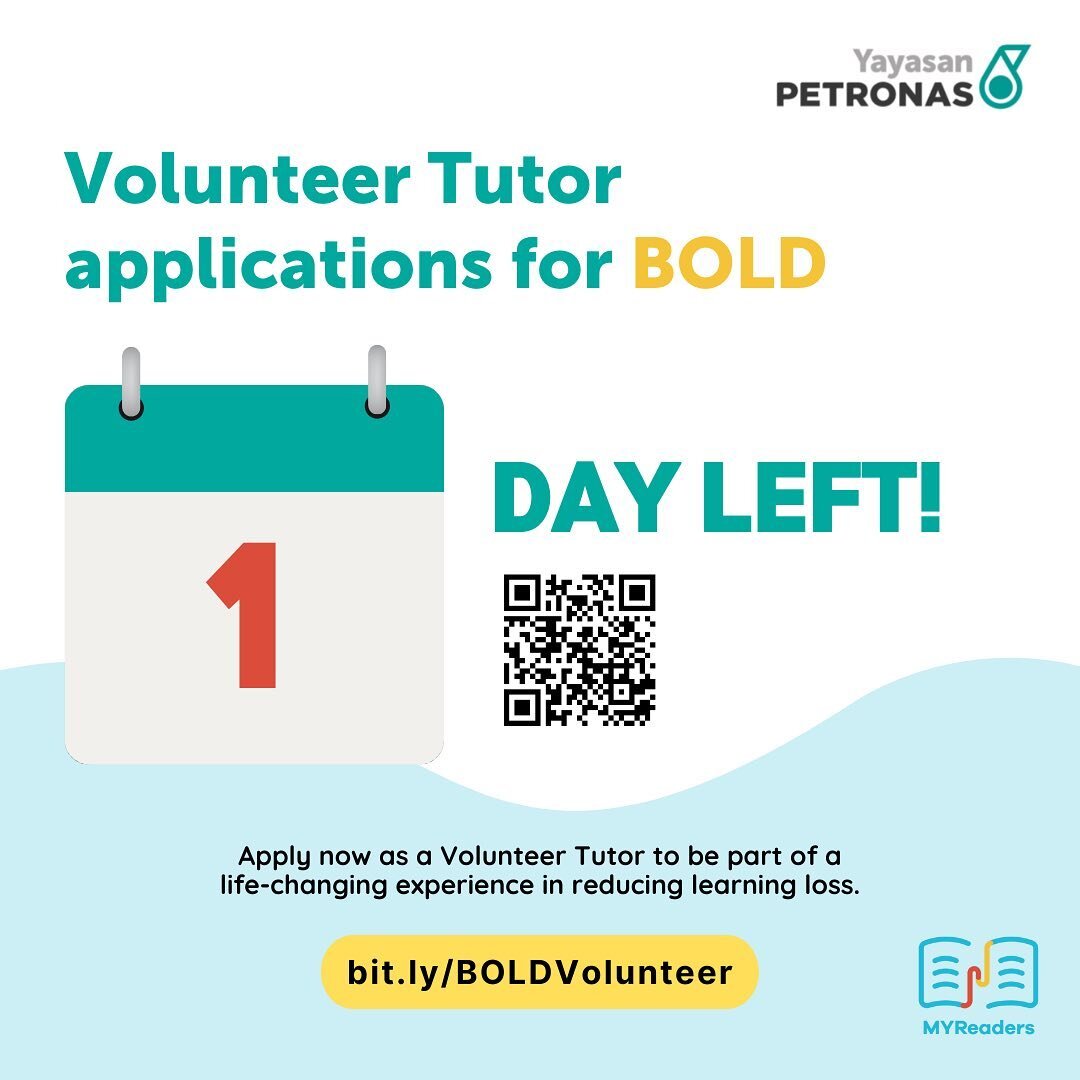 BOLD applications for Volunteer Tutors will be closing TOMORROW!

Hurry up and sign up now at bit.ly/BOLDVolunteer !
&mdash;
#MYReaders #EmpoweringEducation #EnglishLiteracy #LiteracyHub #Volunteer #VolunteerOpportunity #VolunteerRecruitment #FortheC