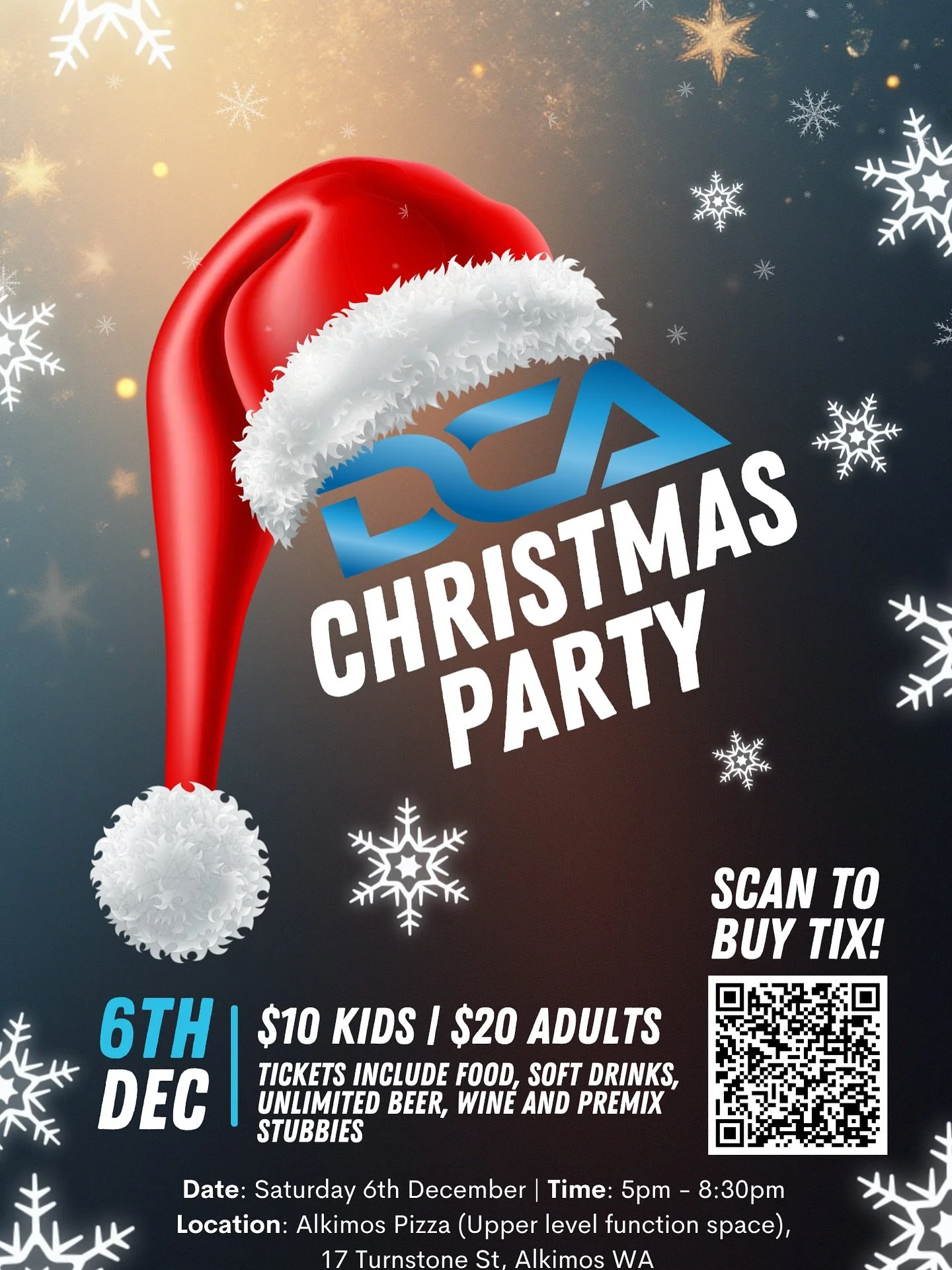 🎄 DCA Christmas Party &mdash; Saturday 6th December! 🎅
Join us for an awesome night with food, drinks, and good vibes to wrap up the year together. 🍕🍻

🎟 $20 Adults | $10 Kids
Includes food, soft drinks, and unlimited beer, wine &amp; premix stu