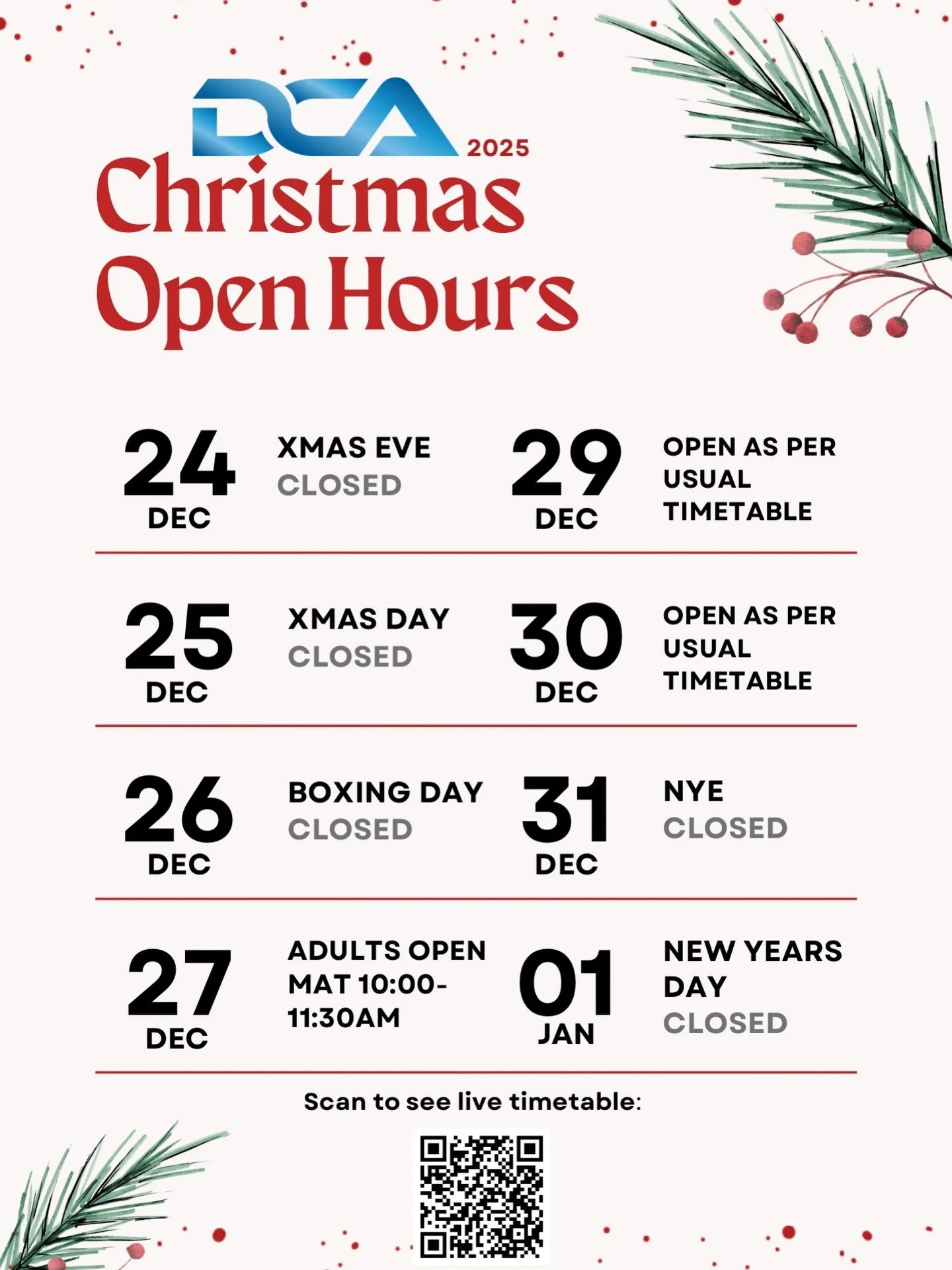 🎄 Christmas &amp; New Year Timetable 🎄

Another big year done and we couldn&rsquo;t do it without this community.

Below is our adjusted timetable over the Christmas period with normal classes resuming Monday 5th January.

Thank you to all our memb
