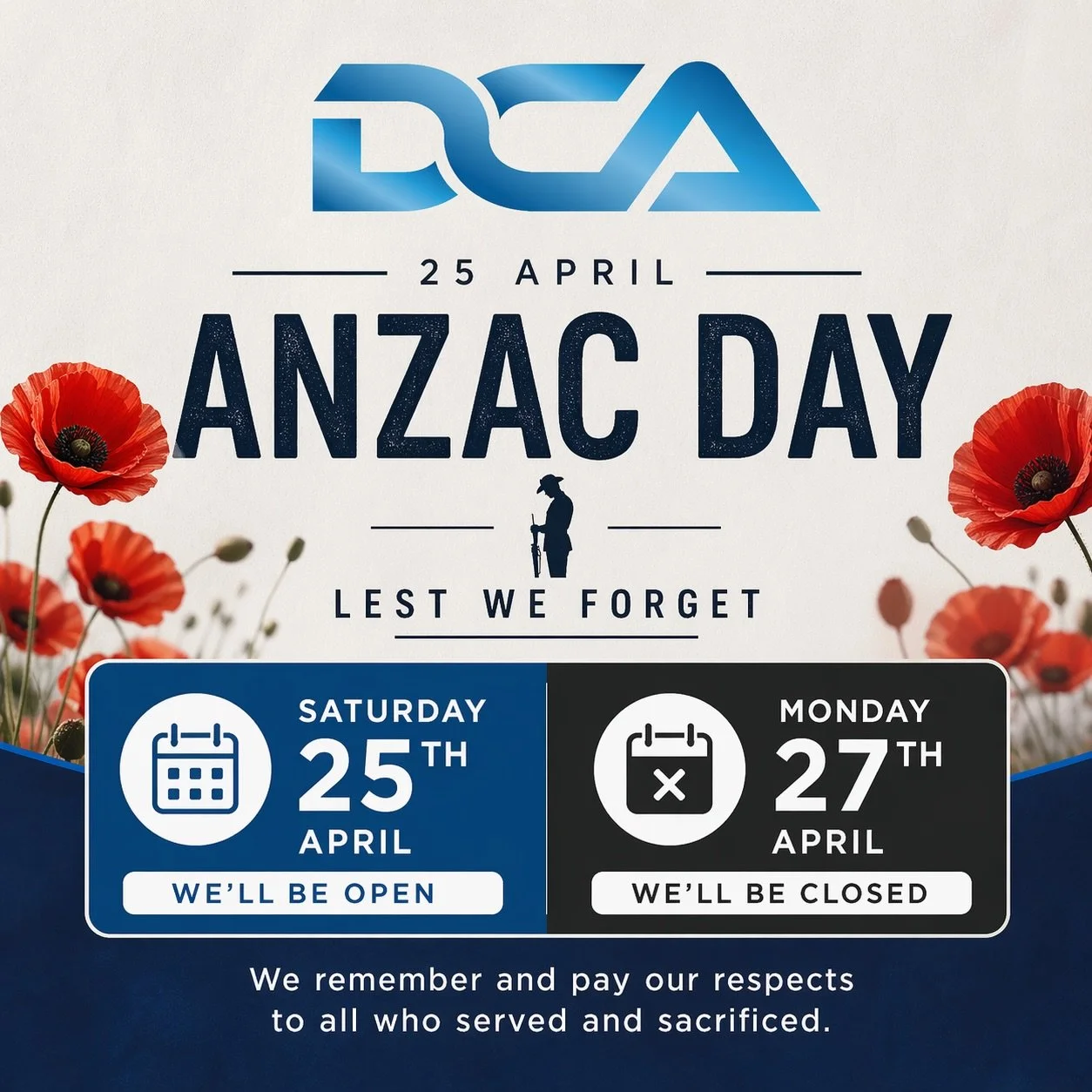 Lest we forget.

This ANZAC Day, we take a moment to honour and remember those who served and sacrificed.

We will be open for 10am Open Mat as usual on Saturday 25 April following the ANZAC Dawn services, for those who wish to train.

DCA will be cl