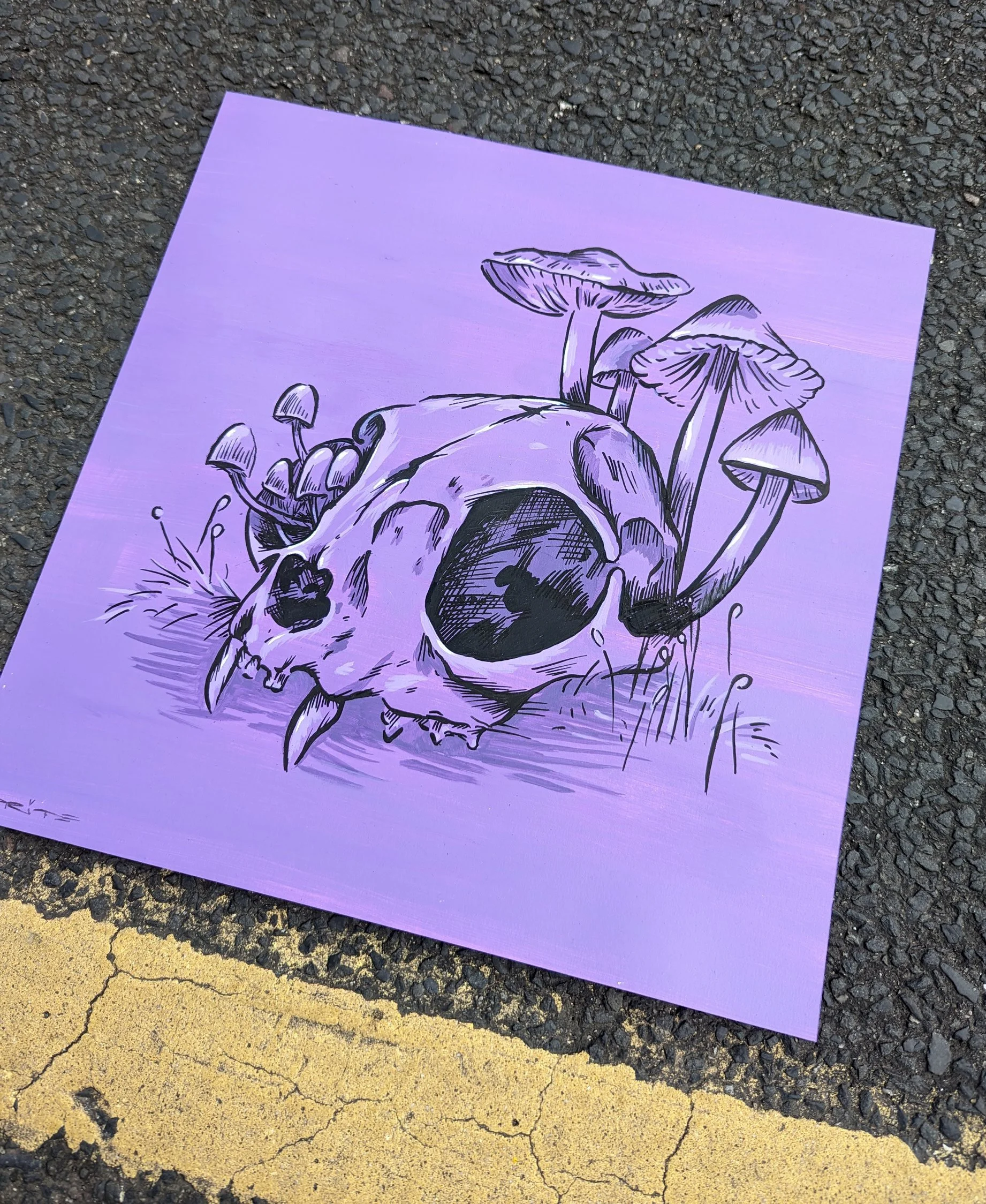 cat skull with mushroom painting
