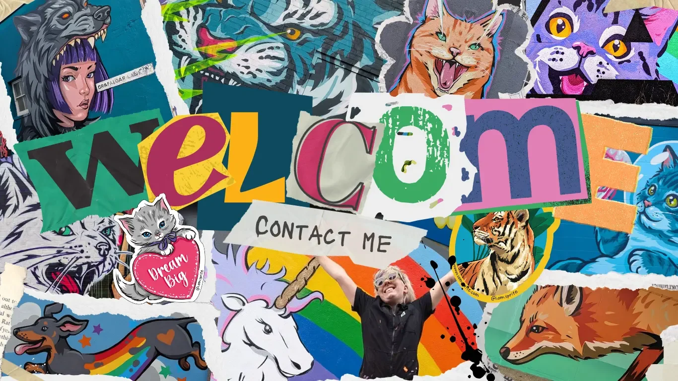 Collage of sprites work with a welcome message, click to be sent to contact us