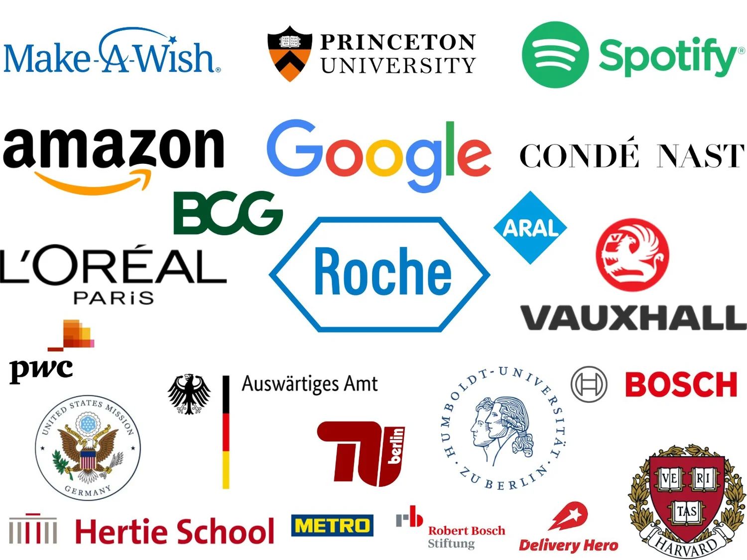 Logos bisheriger Kunden von Original Berlin Walks, darunter Amazon, Google, Spotify, Roche, PwC und Universitäten