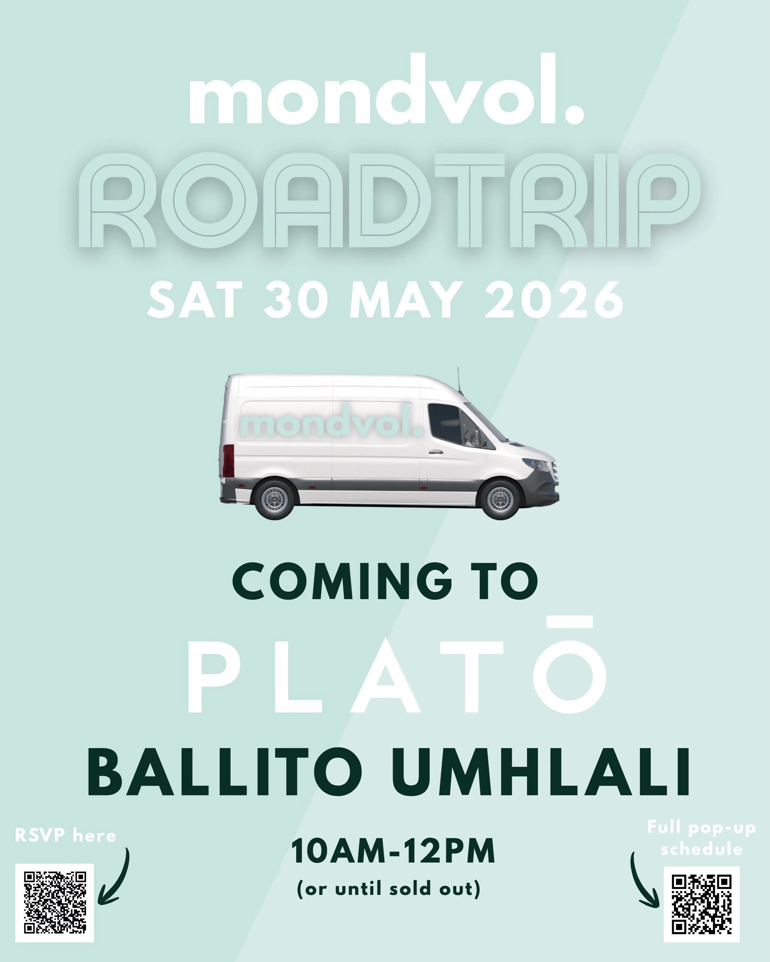 The Mondvol Roadtrip is making a stop at Plato Ballito ☕🚐
Join us on Saturday, 30 May from 10AM&ndash;12PM for a special pop-up experience at Sugar Village, Umhlali.
Good coffee. Good people. Good atmosphere.
Come grab your favourite Mondvol product