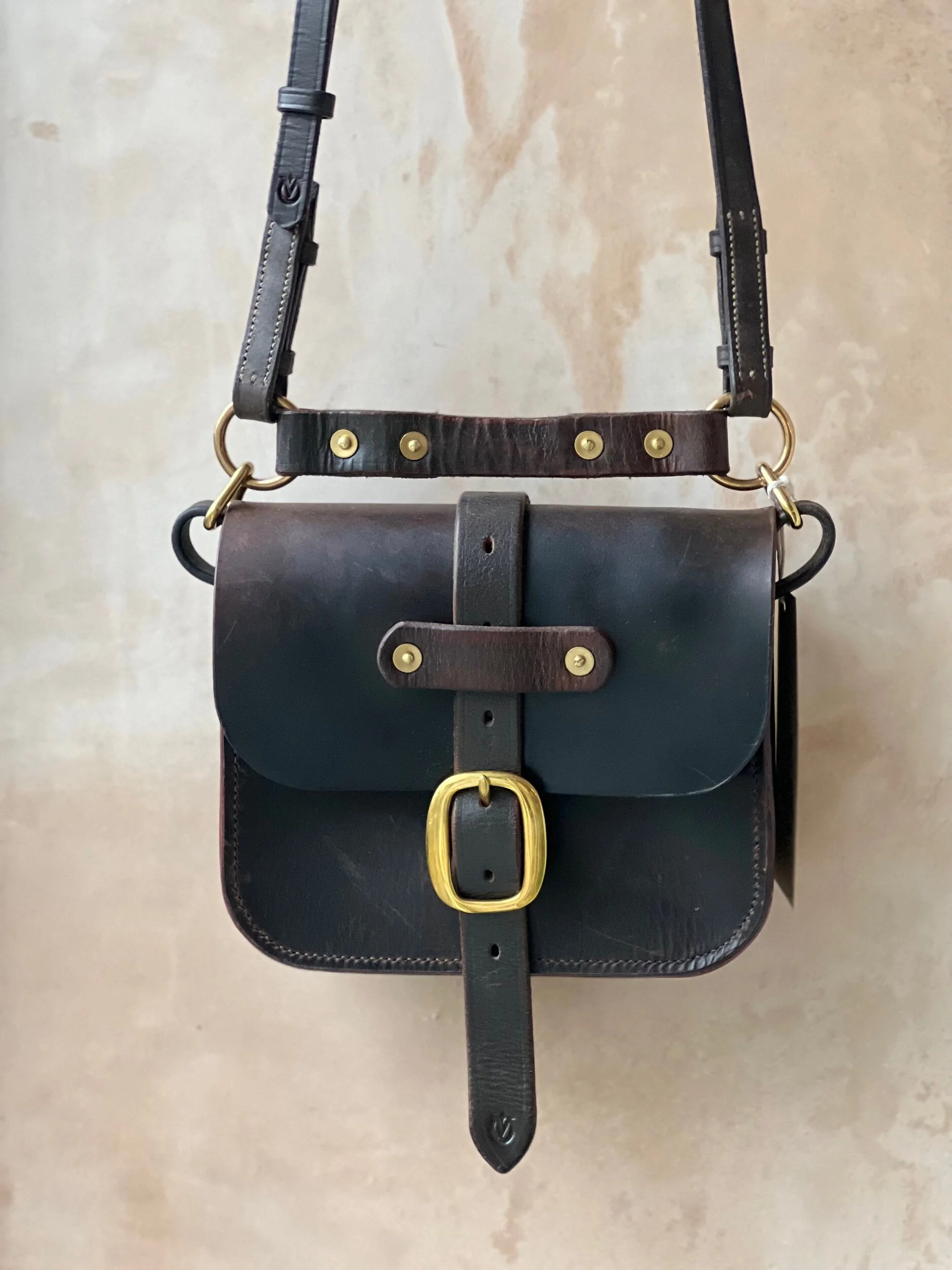 rag of colts handmade hand stitched repurposed saddle leather havana handbag with swage buckle