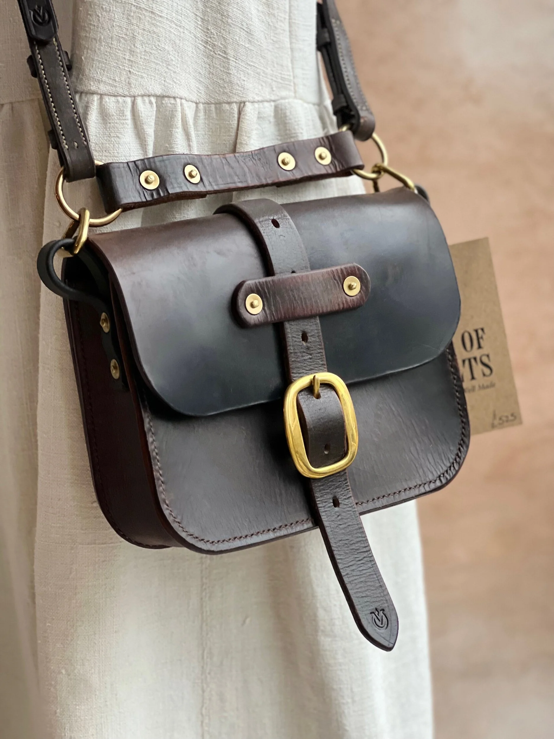 rag of colts handmade hand stitched repurposed saddle leather havana handbag with swage buckle