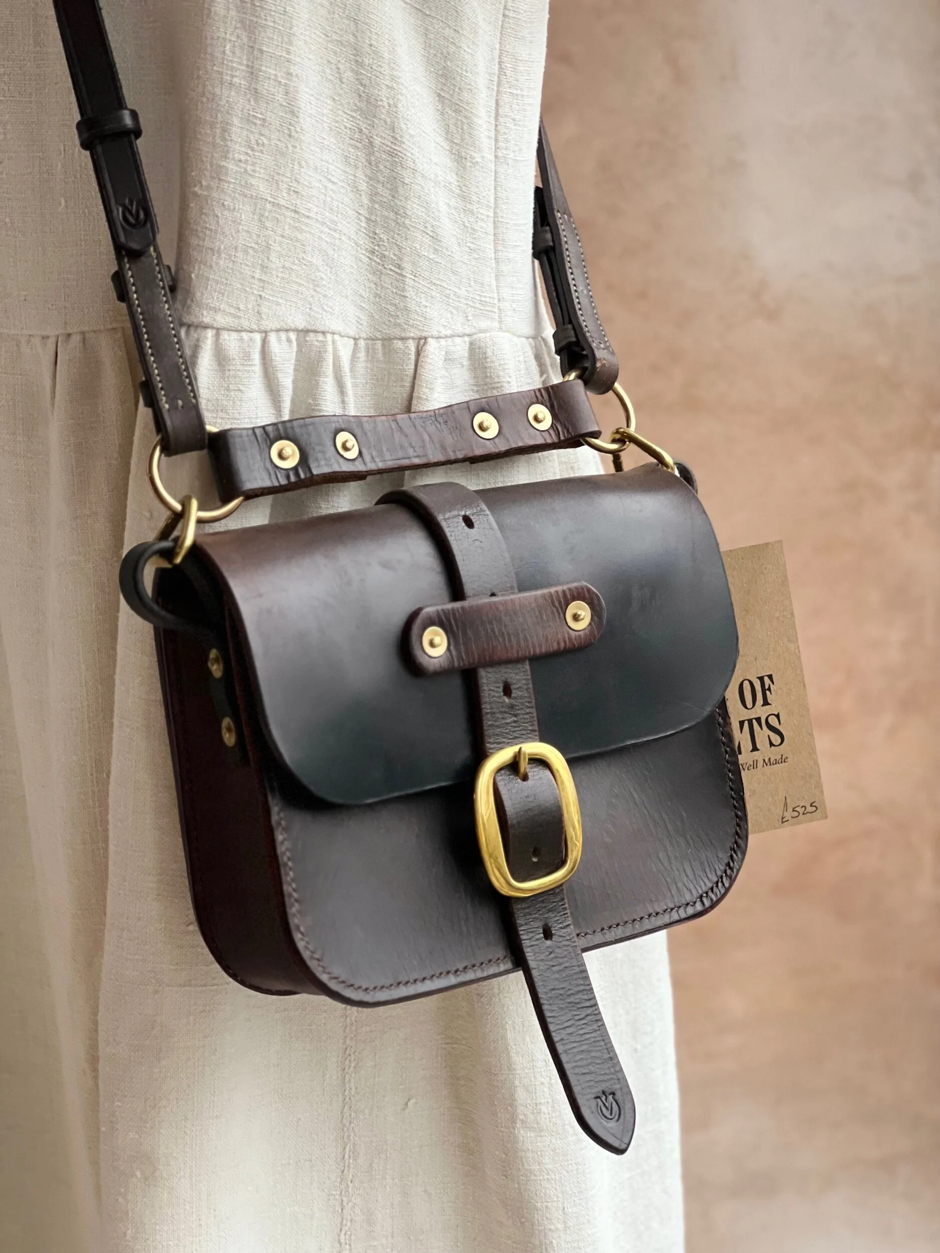 rag of colts handmade hand stitched repurposed saddle leather havana handbag with swage buckle