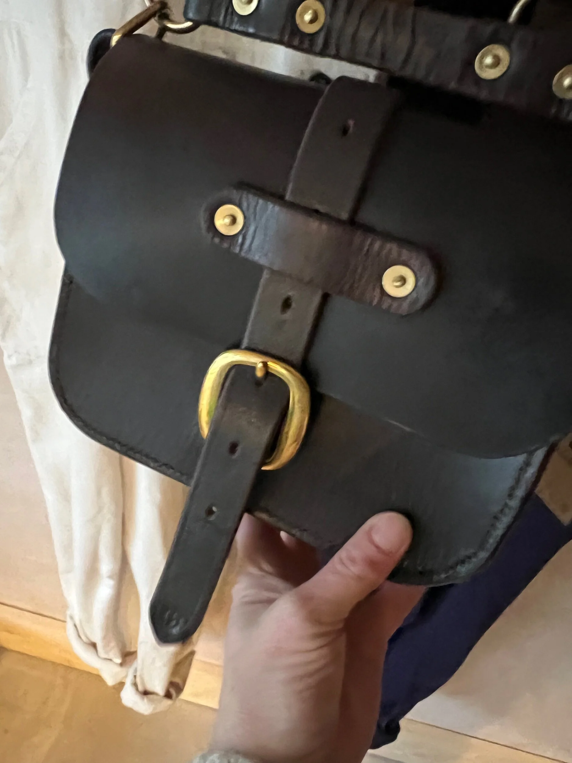 rag of colts handmade hand stitched repurposed saddle leather havana handbag with swage buckle