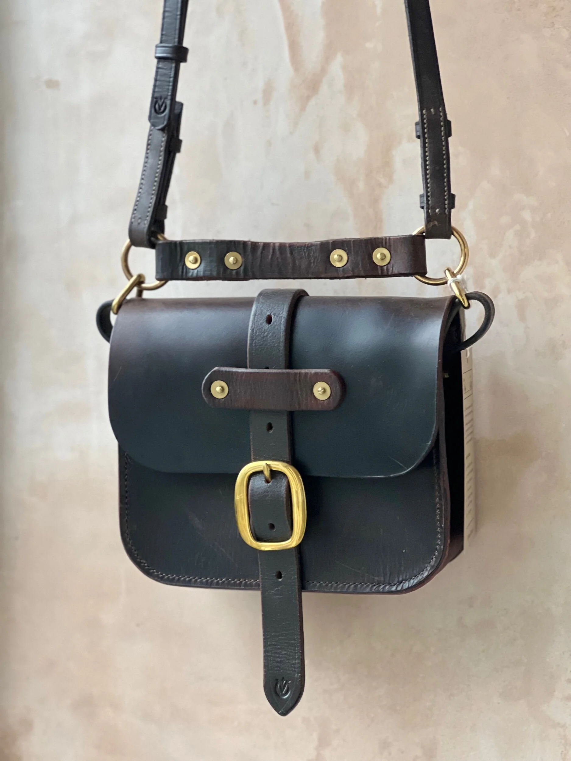 rag of colts handmade hand stitched repurposed saddle leather havana handbag with swage buckle
