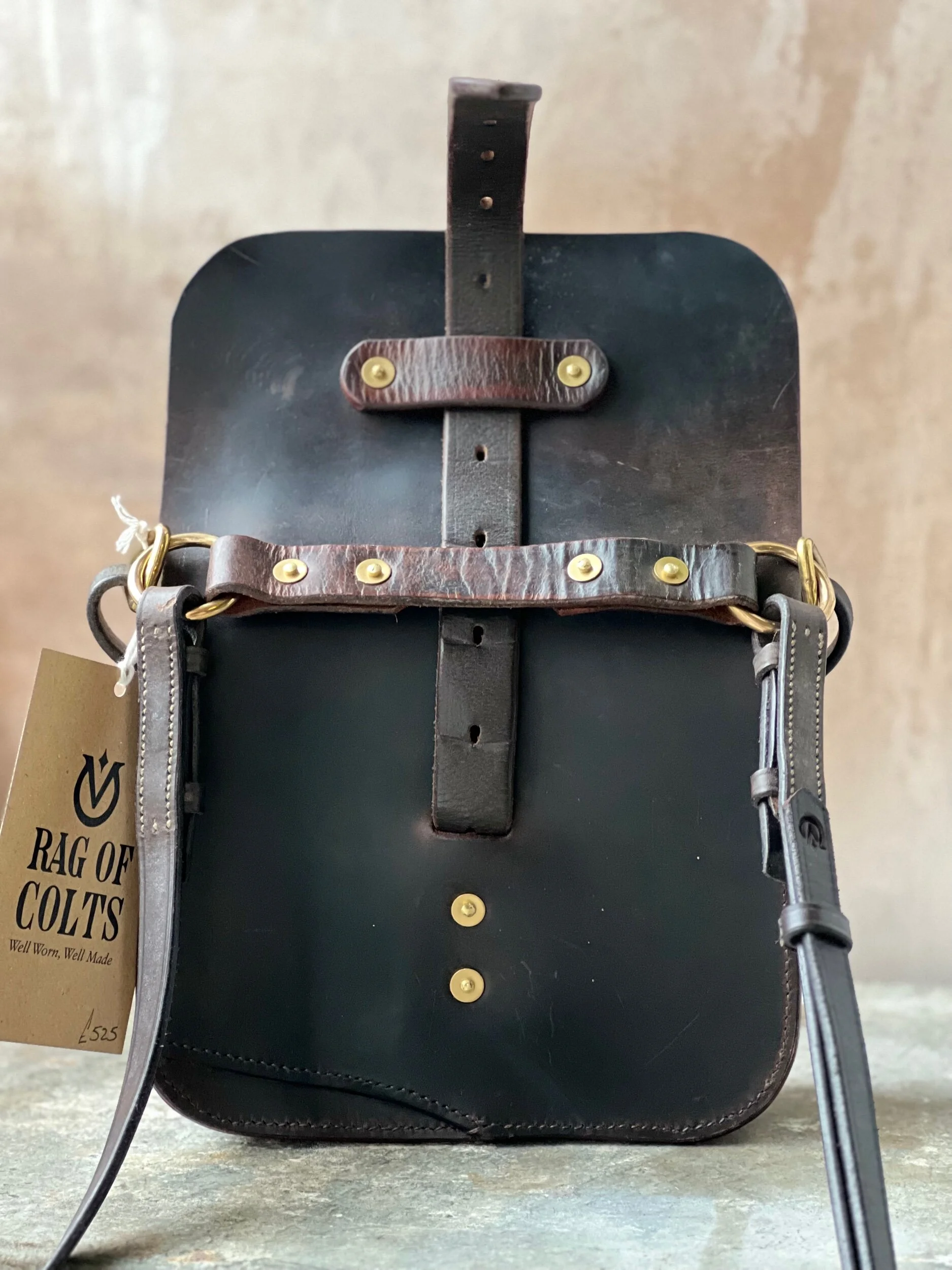 rag of colts handmade hand stitched repurposed saddle leather havana handbag with swage buckle