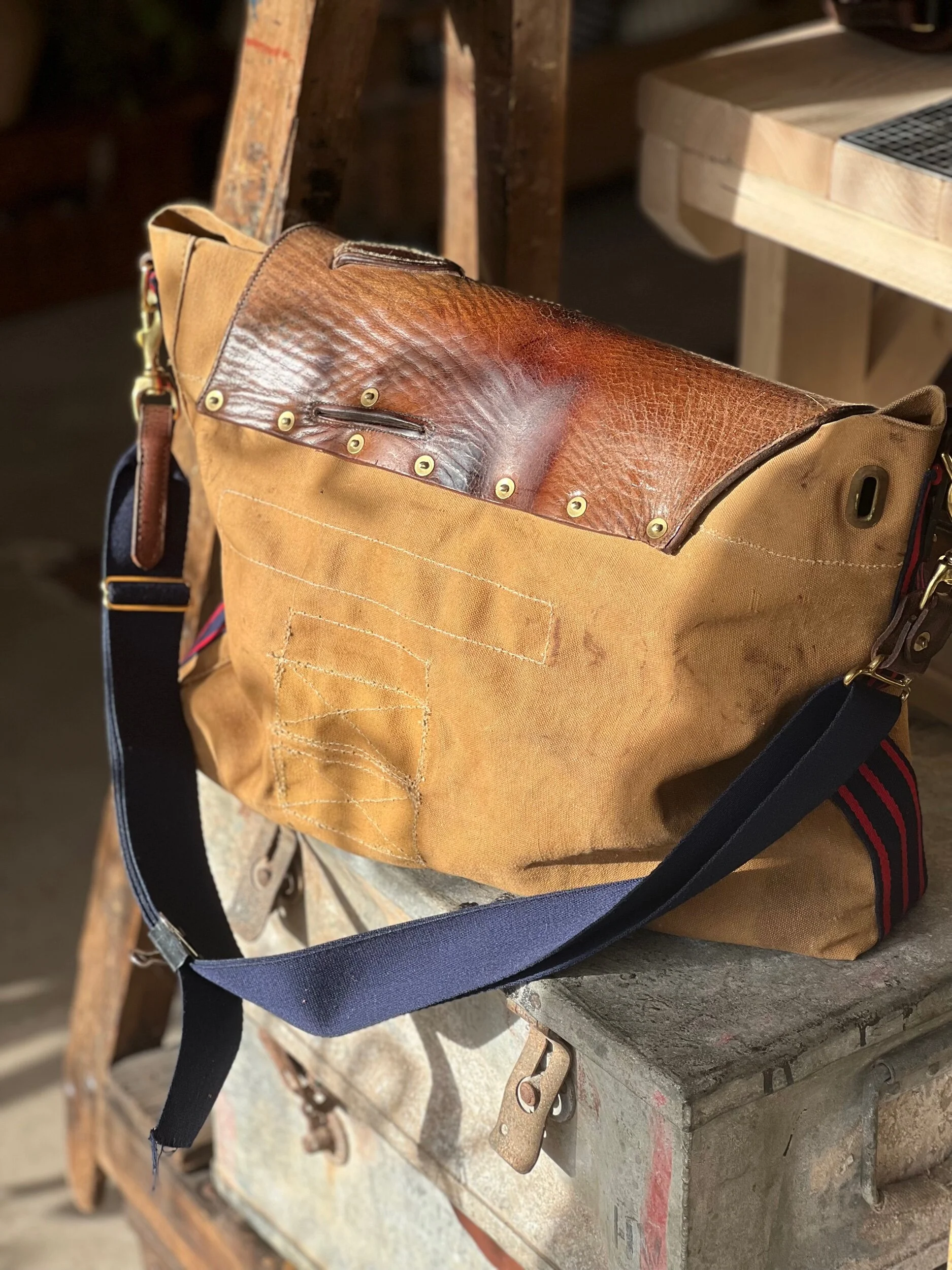 Rag of Colts handmade repurposed leatherwork saddle leather military canvas messenger bag satchel handbag