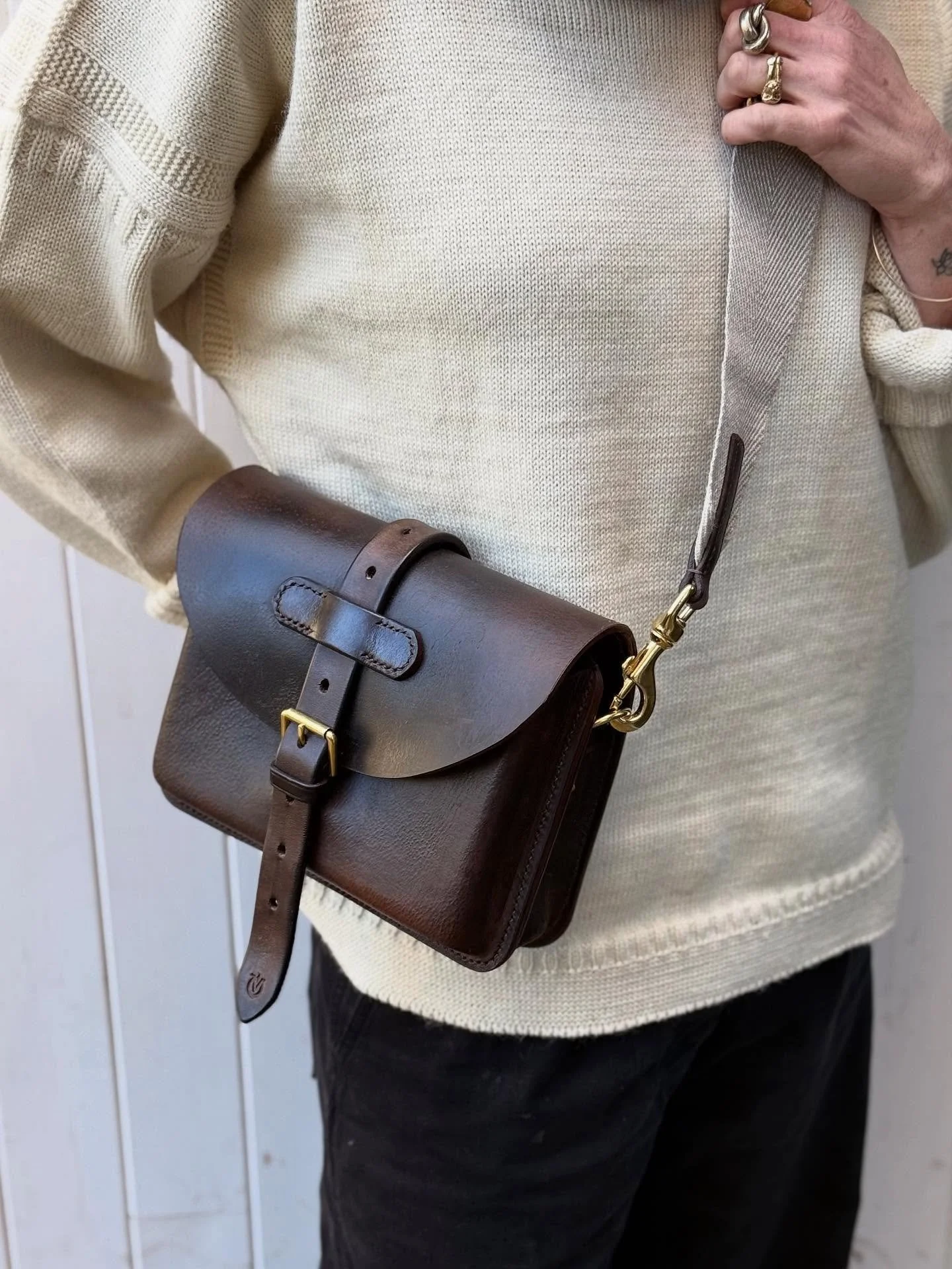 This week I made this bag. By hand. Entirely by hand.

For the leather, I took an old saddle to pieces, with great appreciation for the skills that crafted it, I think I have learnt more from this deconstruction process than any other.

I truly love 