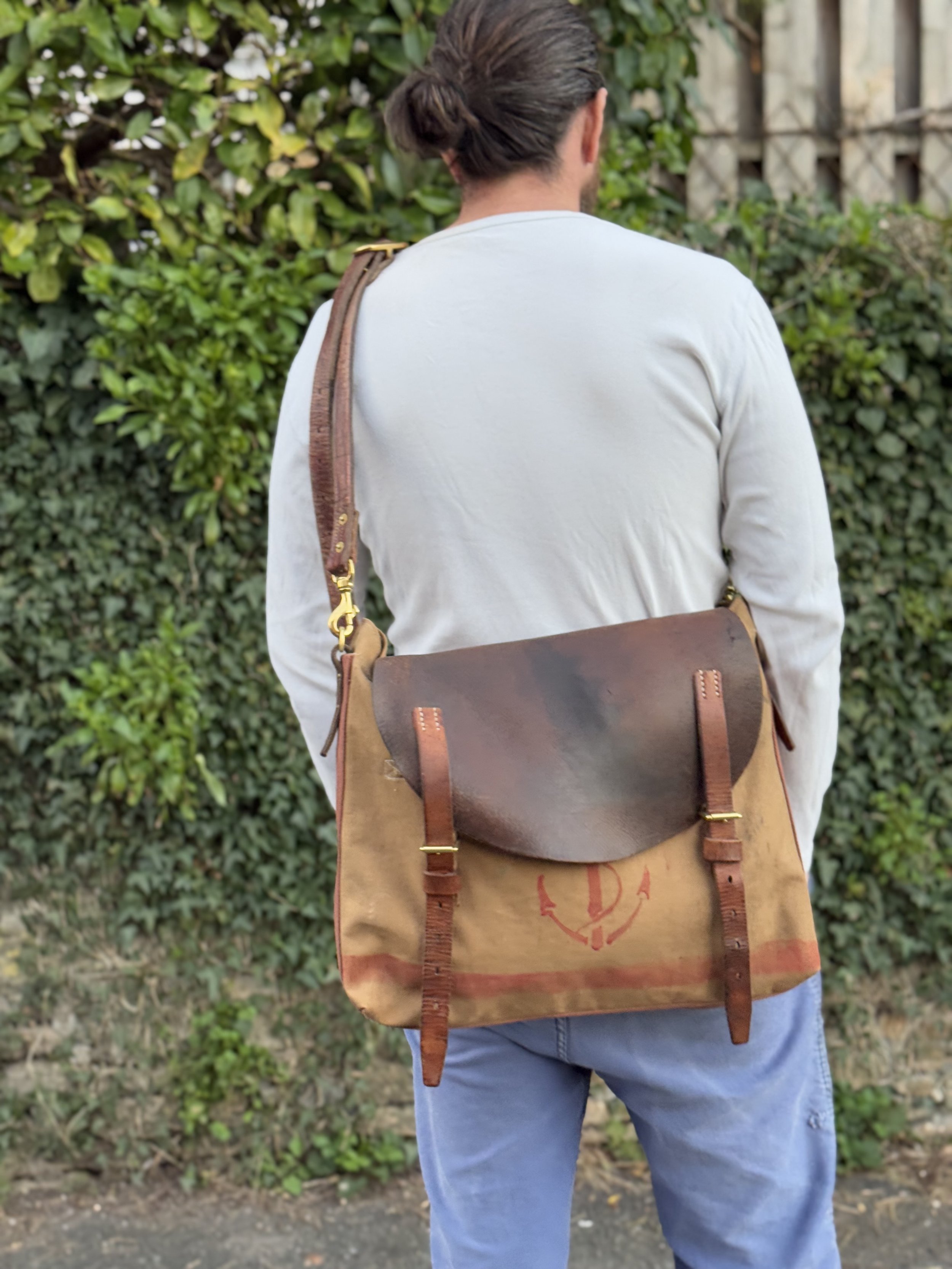 Rag of Colts Handmade Cross Body Repurposed Saddle Leather and Vintage Military Canvas Messenger Bag