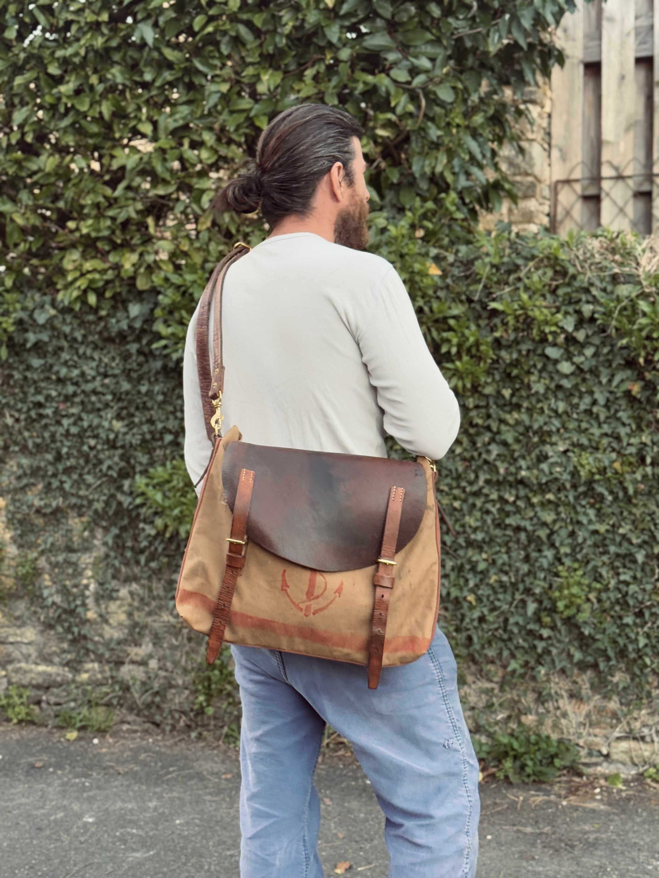 Rag of Colts Handmade Cross Body Repurposed Saddle Leather and Vintage Military Canvas Messenger Bag