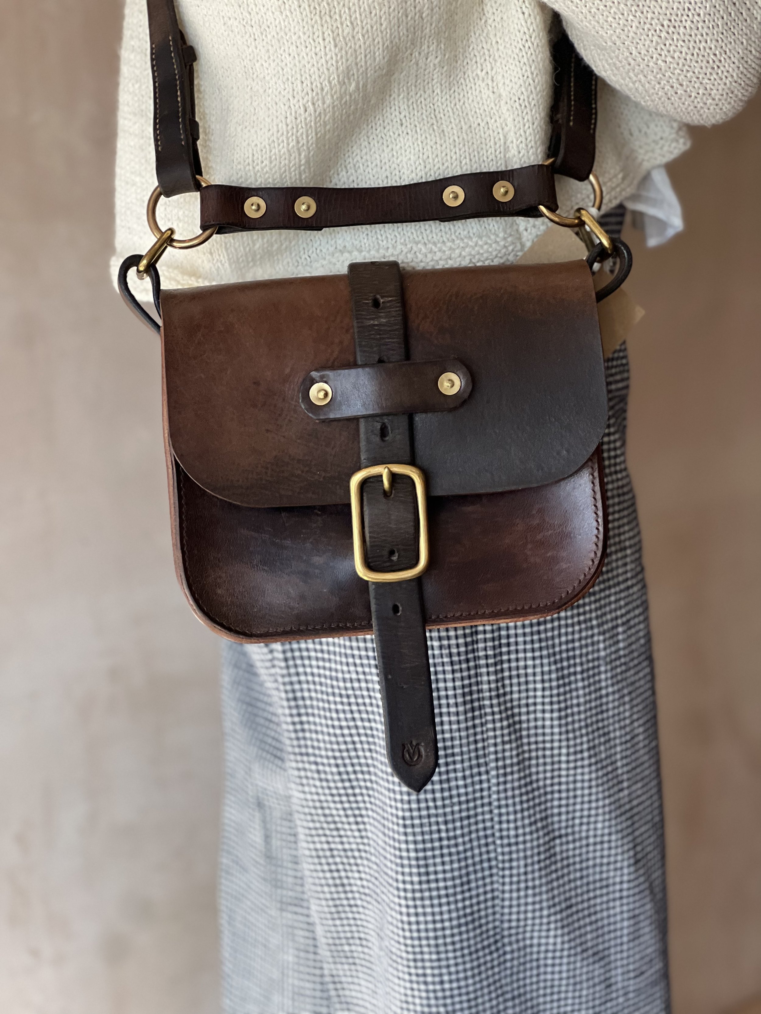 handmade repurposed leatherwork studio hand stitched leather handbag bag rag of colts Bruton
