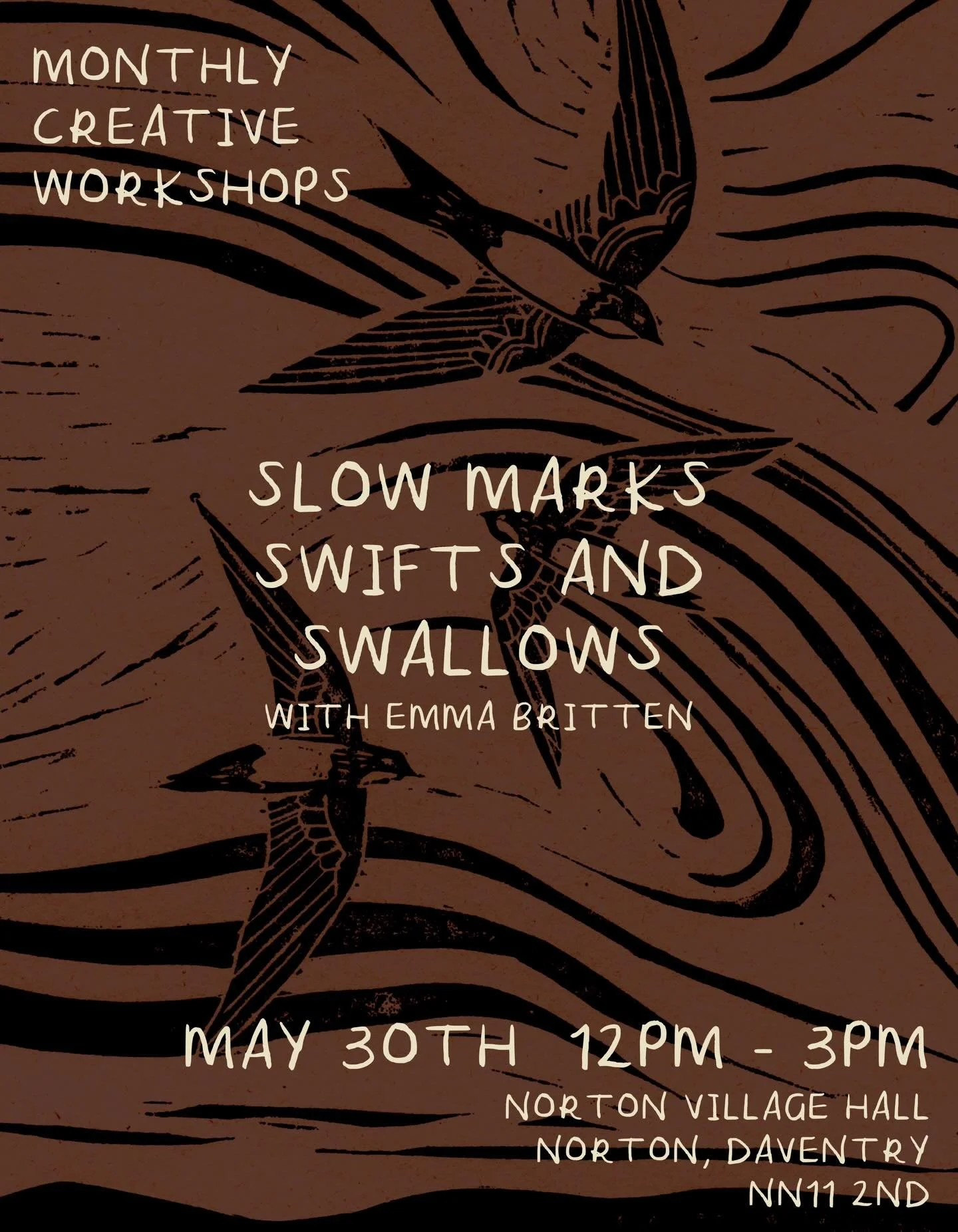 For my next monthly creative workshop in May we will be exploring Lino carving. Focusing on our summer visitors; swifts and swallows. We will be capturing the fast paced soaring birds with long slow marks. 

This workshop is 3 hrs long, all materials
