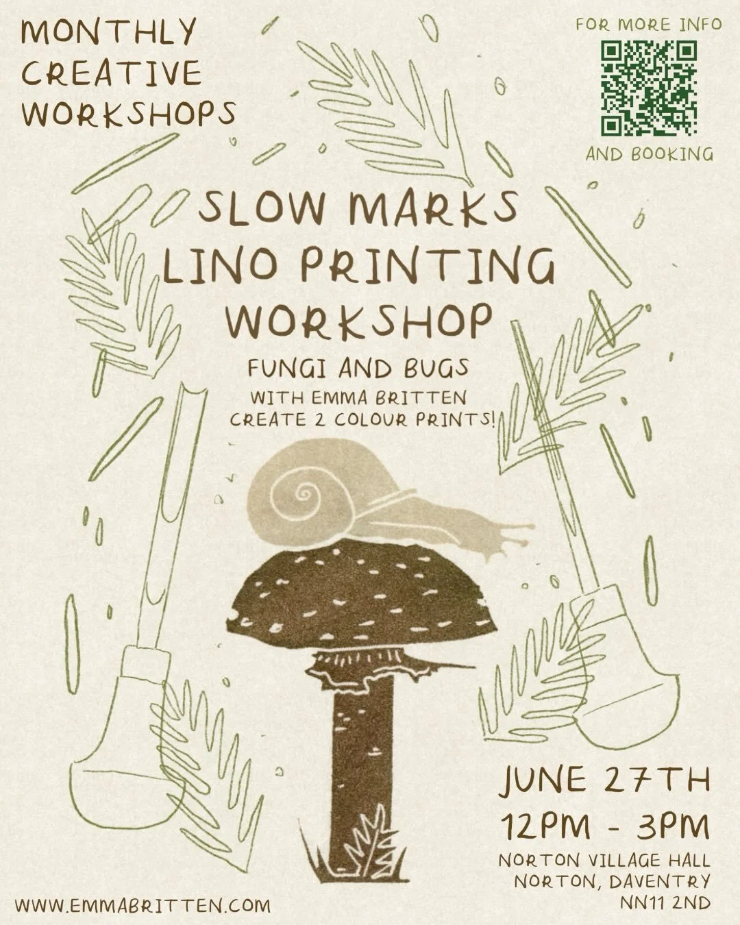 In June, we will be exploring lino carving, using a jigsaw method to print in two colours!
A 3- hour creative workshop focusing on Fungi and bugs! This workshop is a great introduction to lino printing or works well as an ongoing interest in printmak