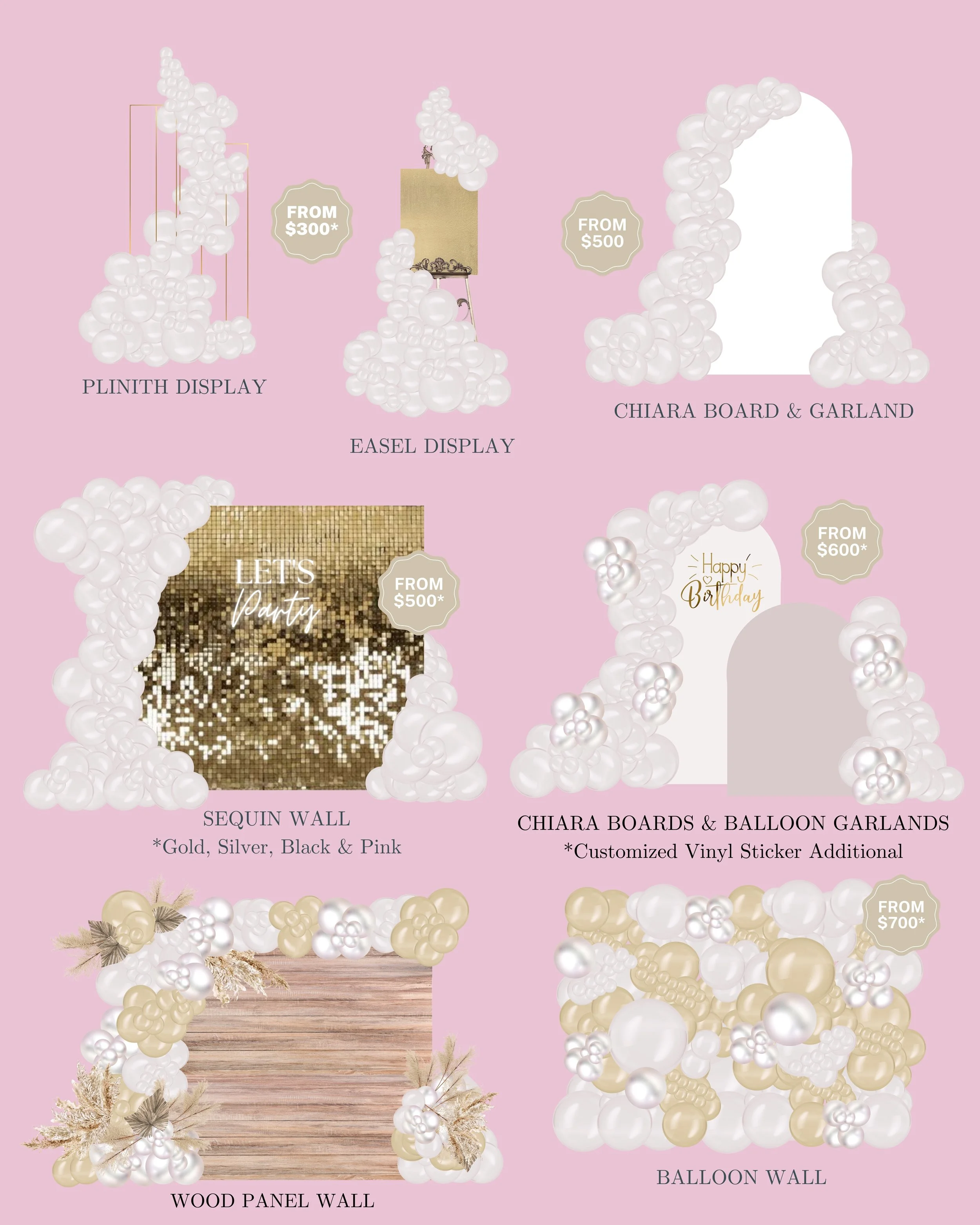 A display of balloon and decorative wall backdrops for event decor, including balloon walls, panels, and garlands with price tags, set against a pink background.