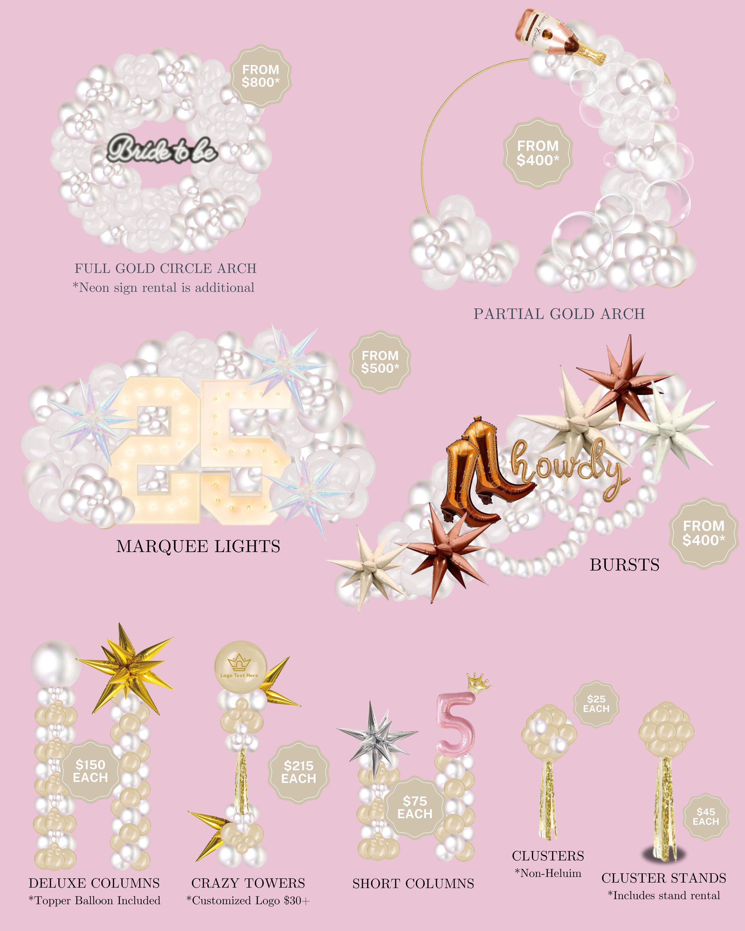 Image of various balloon arch and decoration options for events, with prices starting from $25 to $800, displayed on a pink background.