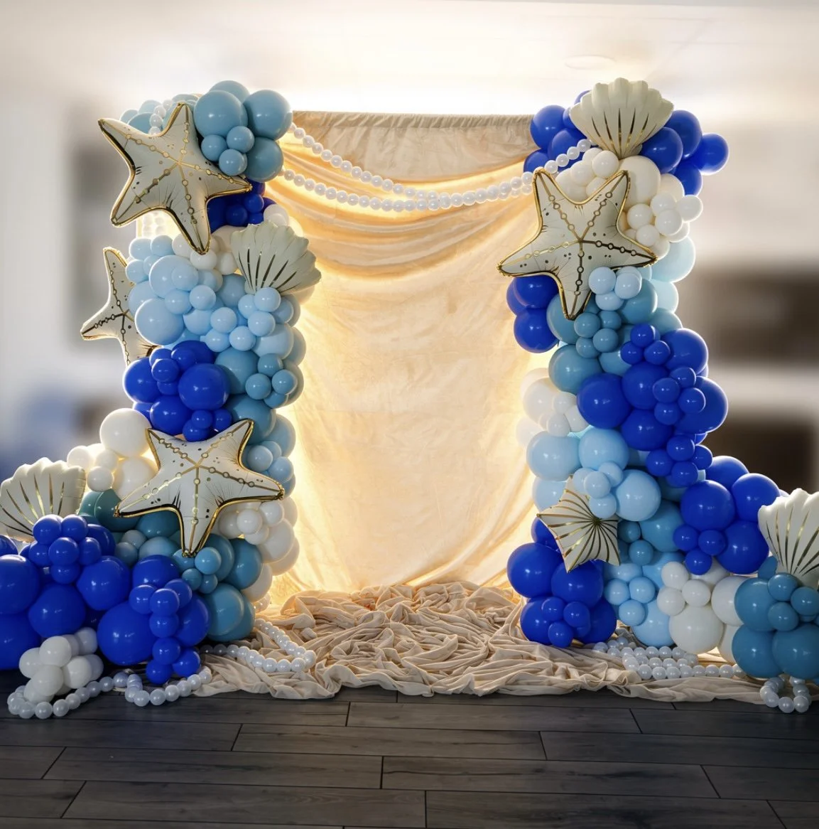 Austin Custom Balloons for Graduation with Sea theme Seashells and seastars with pearl garland and lighting
