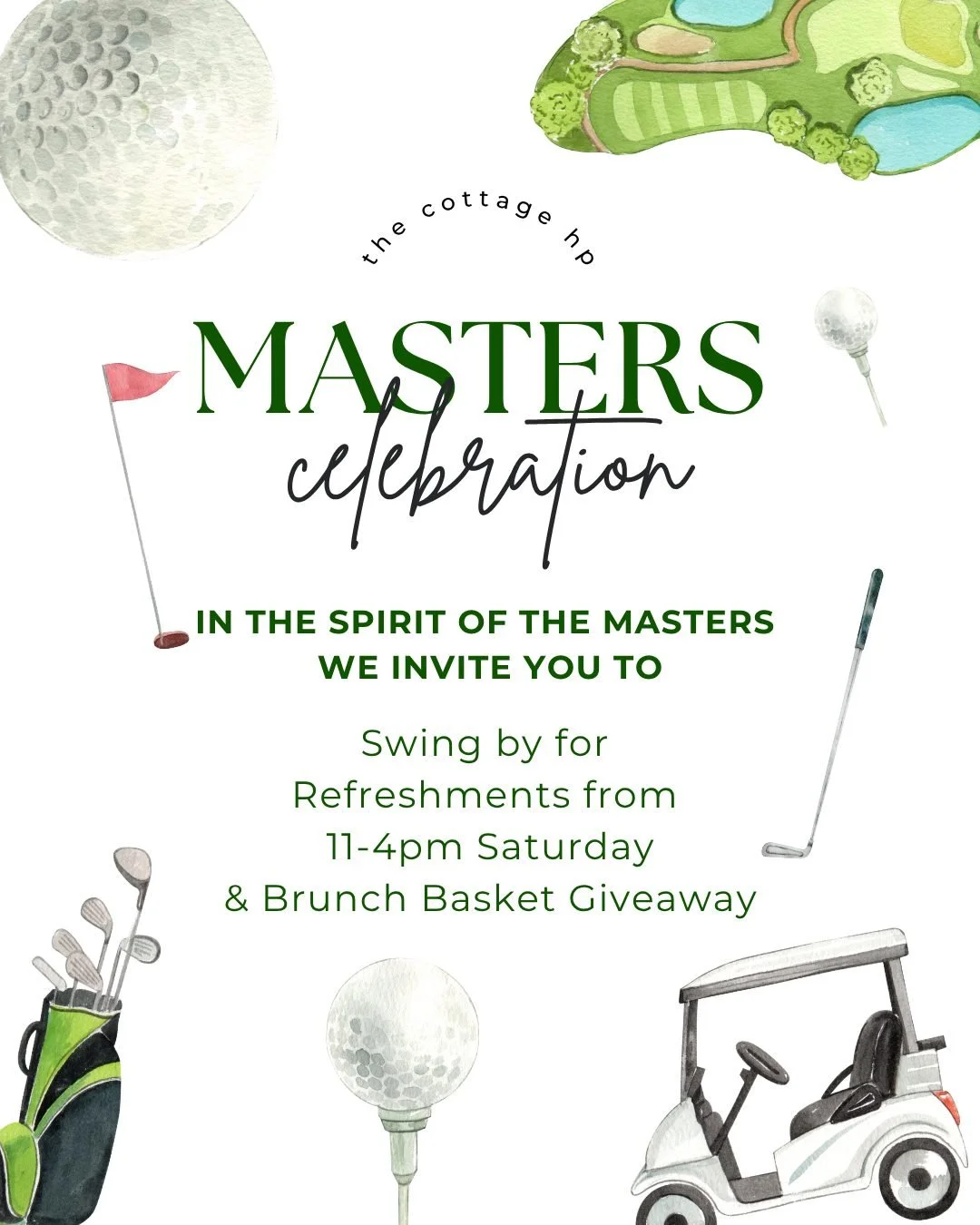 The Masters spirit is coming to The Cottage HP ⛳️🌿

Swing by this Saturday from 11&ndash;4 PM as we celebrate Masters weekend in style. We&rsquo;ll have refreshments in store while you shop, plus enter to win our Brunch Basket Giveaway &mdash; the p